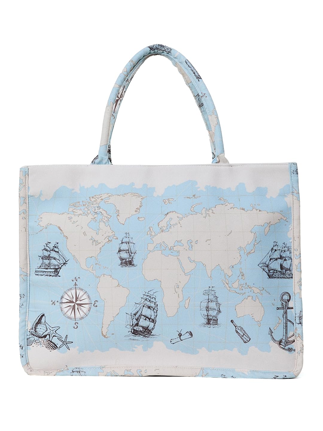 PRIMROSE World Map Print Tote Bag with Nautical Elements, Blue and White