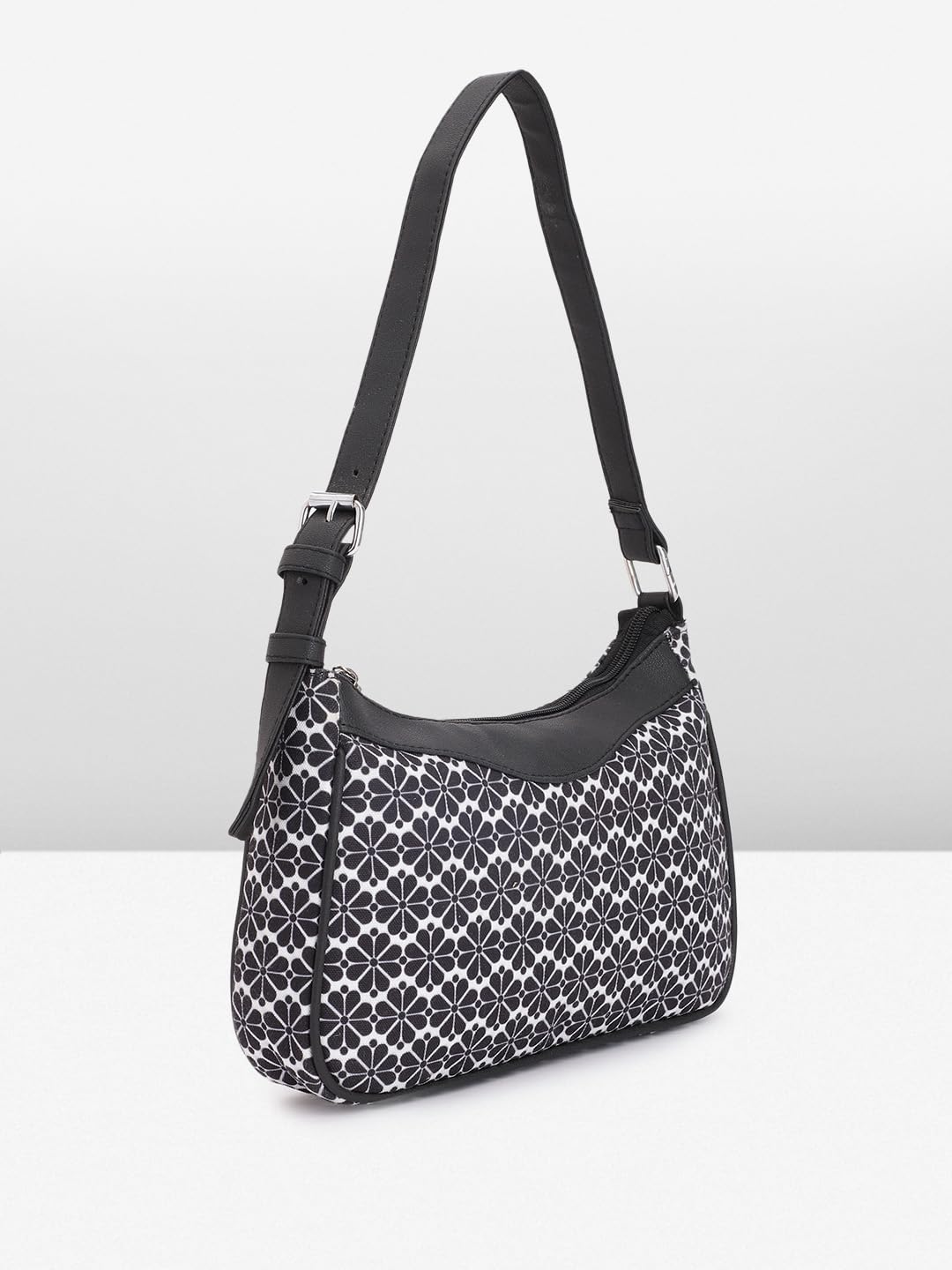 PRIMROSE Black and White Geometric Patterned Shoulder Bag for Women