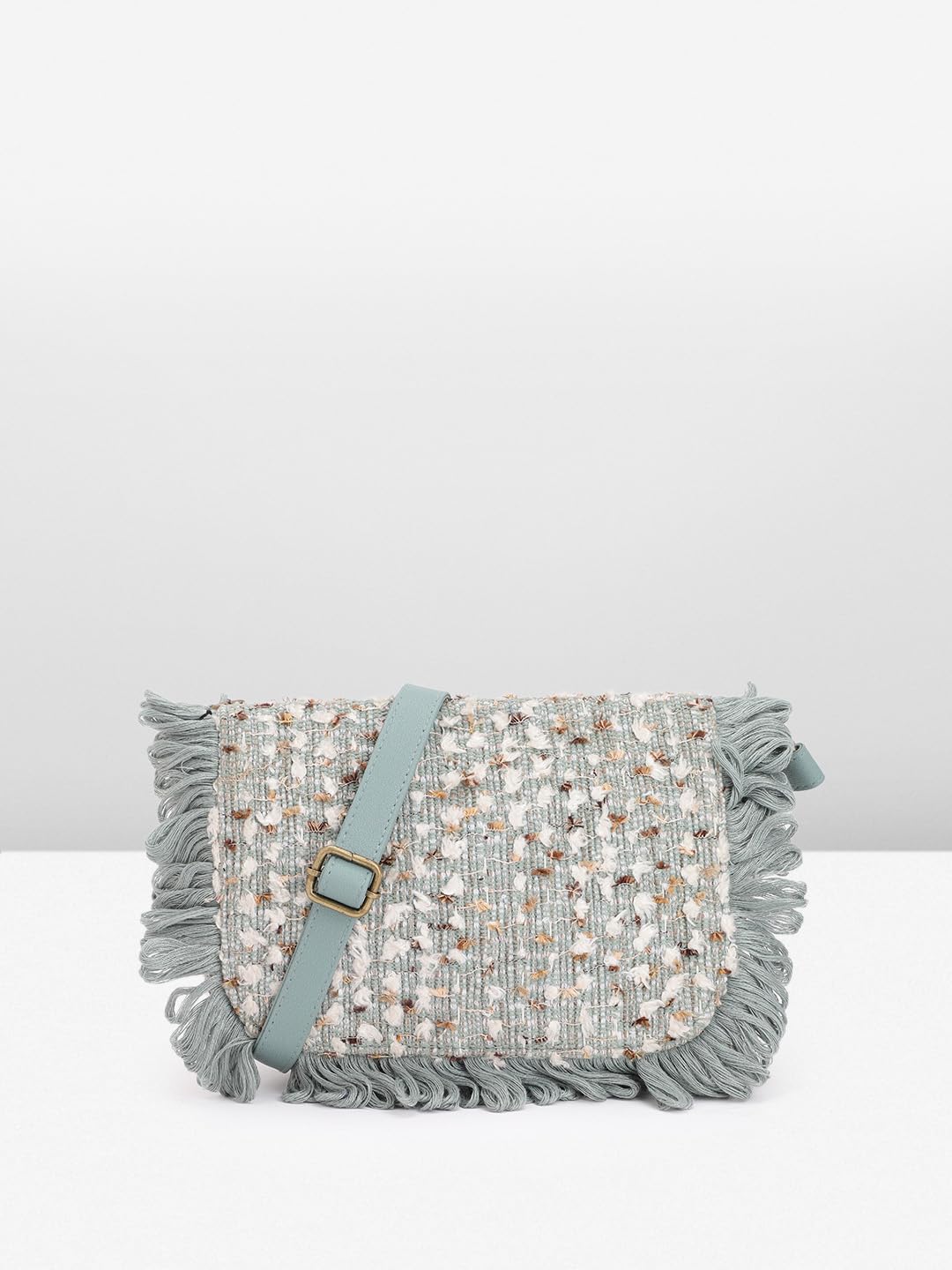 PRIMROSE Stylish Fringed Crossbody Bag with Tweed Pattern Grey