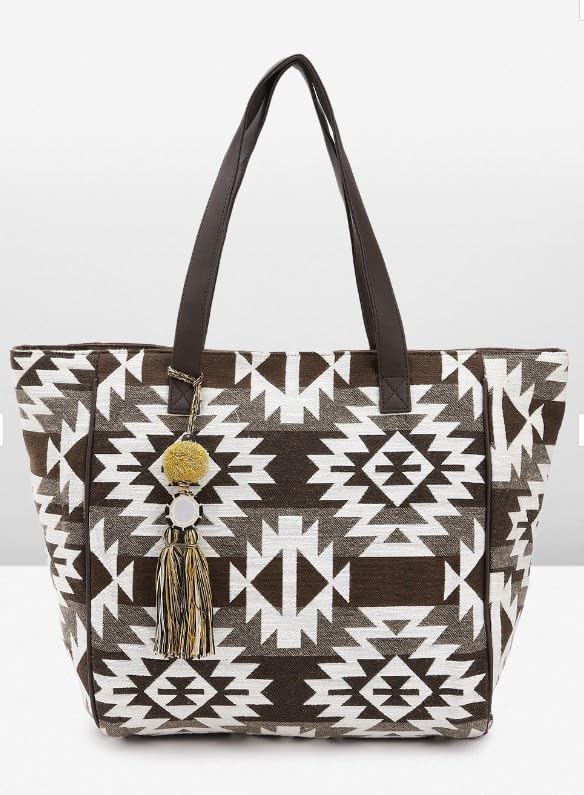 PRIMROSE Ethnic Kilim Tote Bag, Brown and White Geometric Print, Tassel Accent