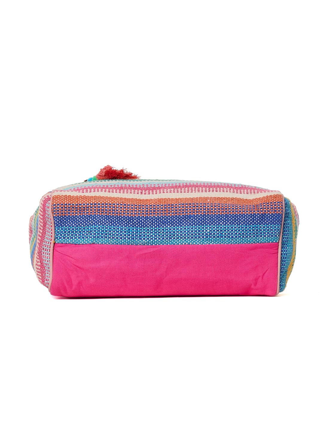 PRIMROSE Multicoloured Jacquard Woven Design Structured Shoulder Bag with Pom-Pom Tasselled