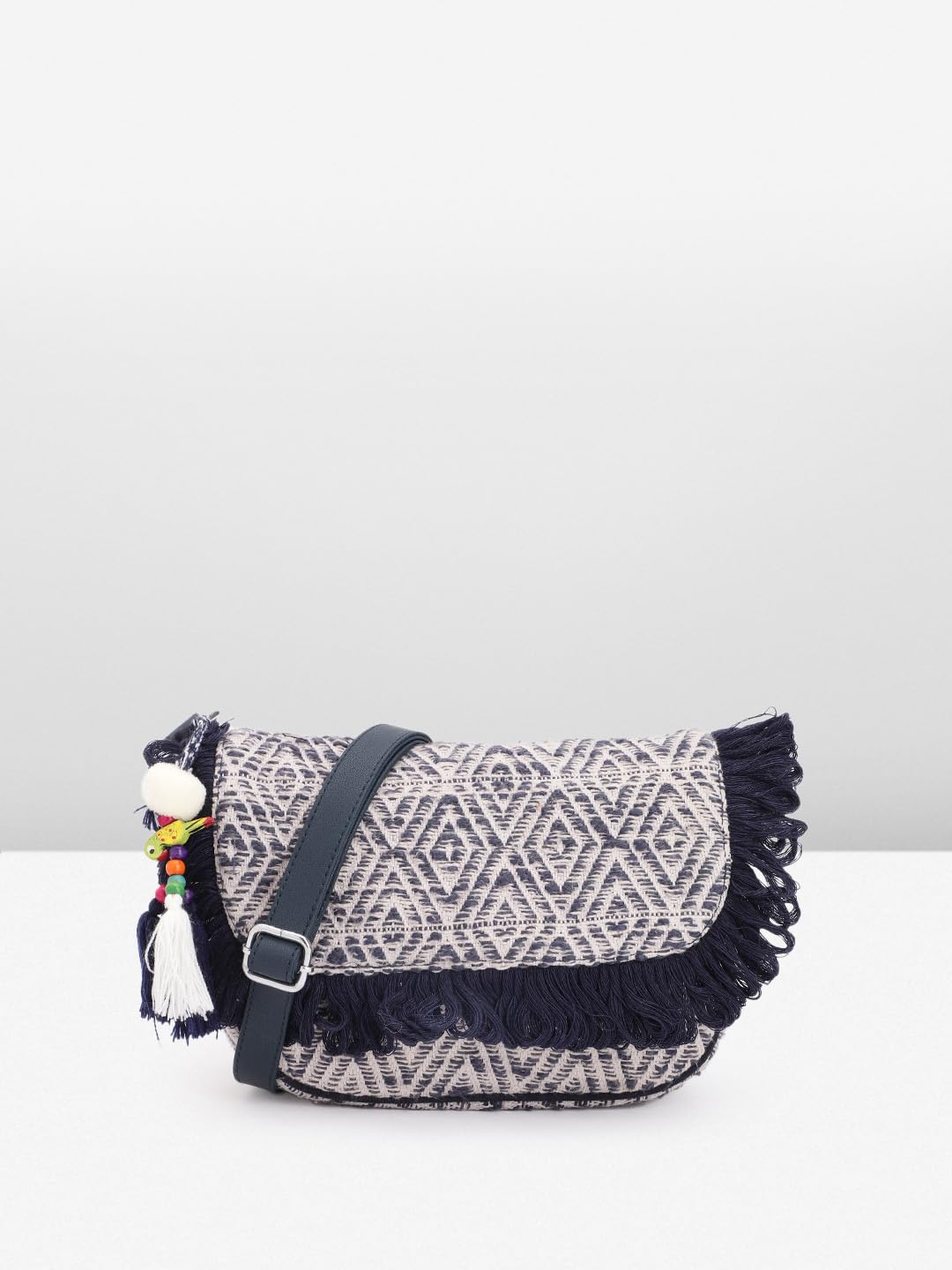 PRIMROSE Geometric Textured Half Moon Sling Bag with Fringed