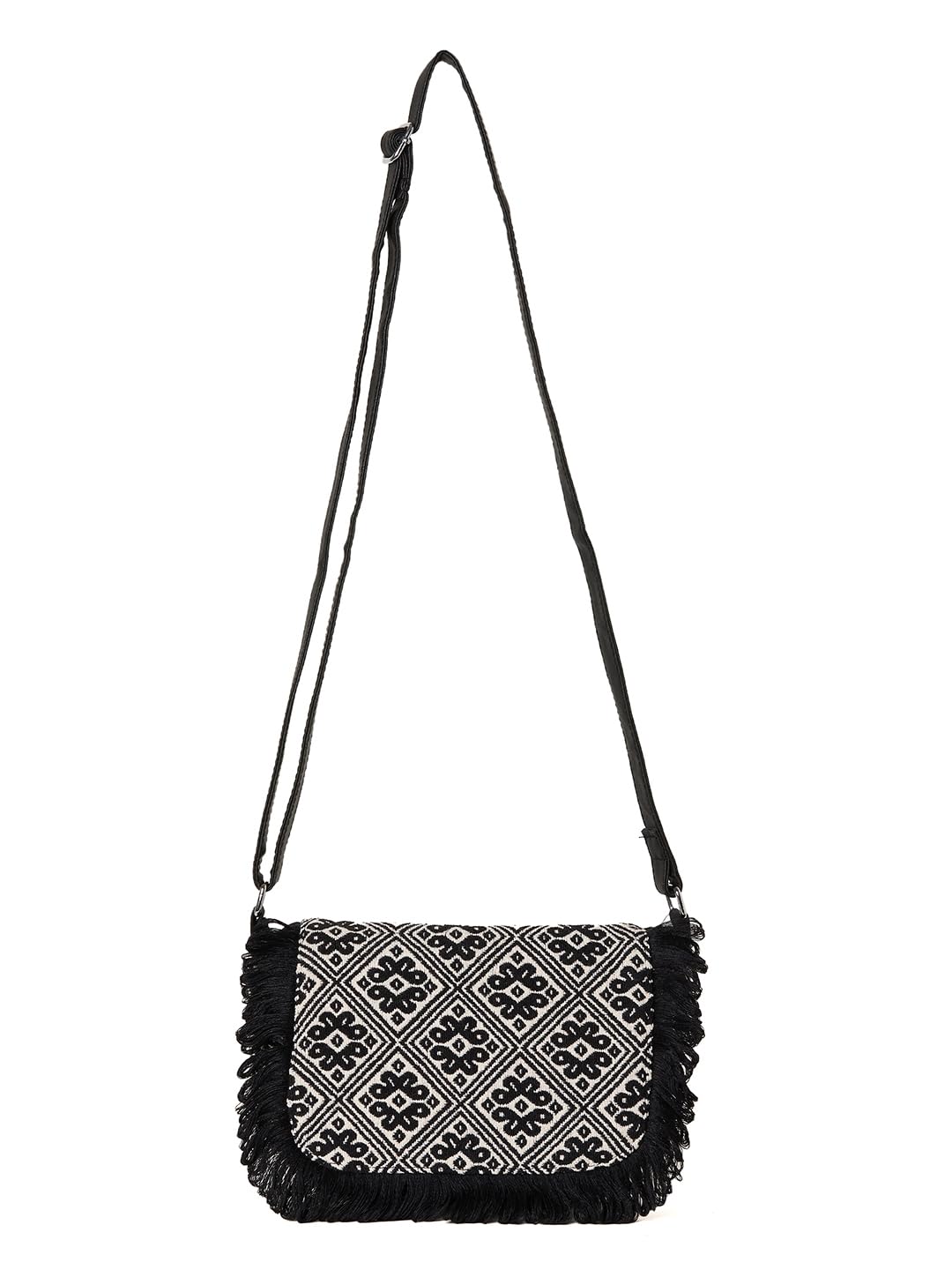 PRIMROSE Geometric Pattern Shoulder Bag with Fringe Detailing, Black and White