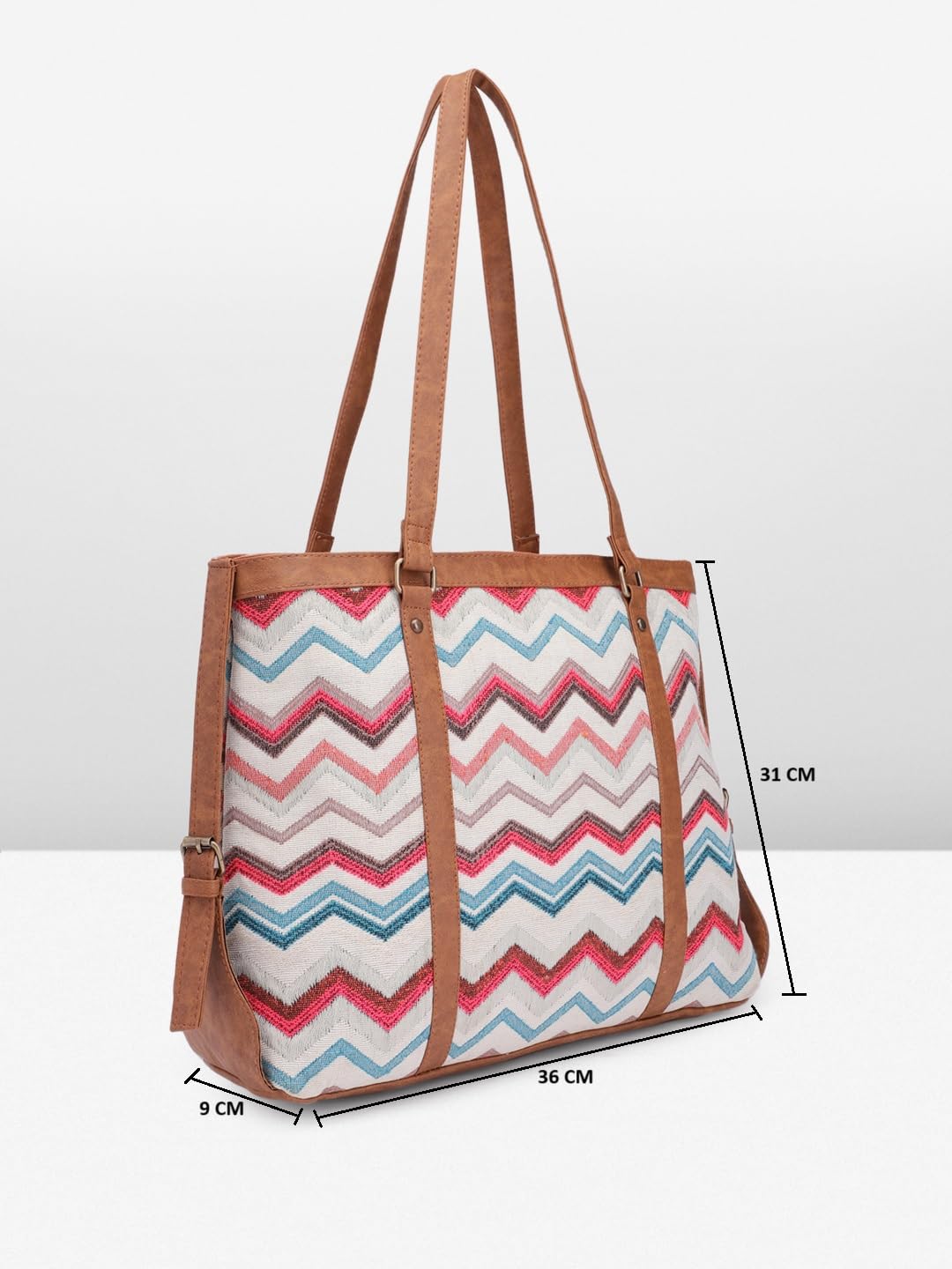 PRIMROSE Women's Chevron Pattern Canvas Tote Bag with PU Handles Multi-Colour