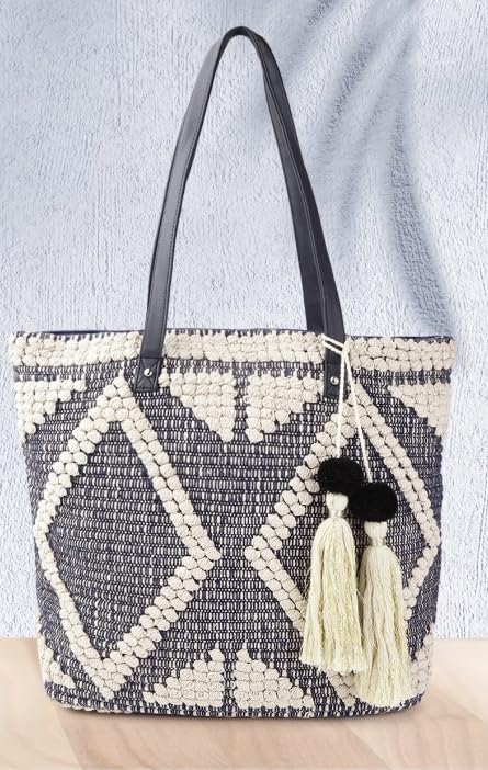 PRIMROSE Women Navy Blue & Off-White Woven Design Shoulder Bag with Tasselled Detail