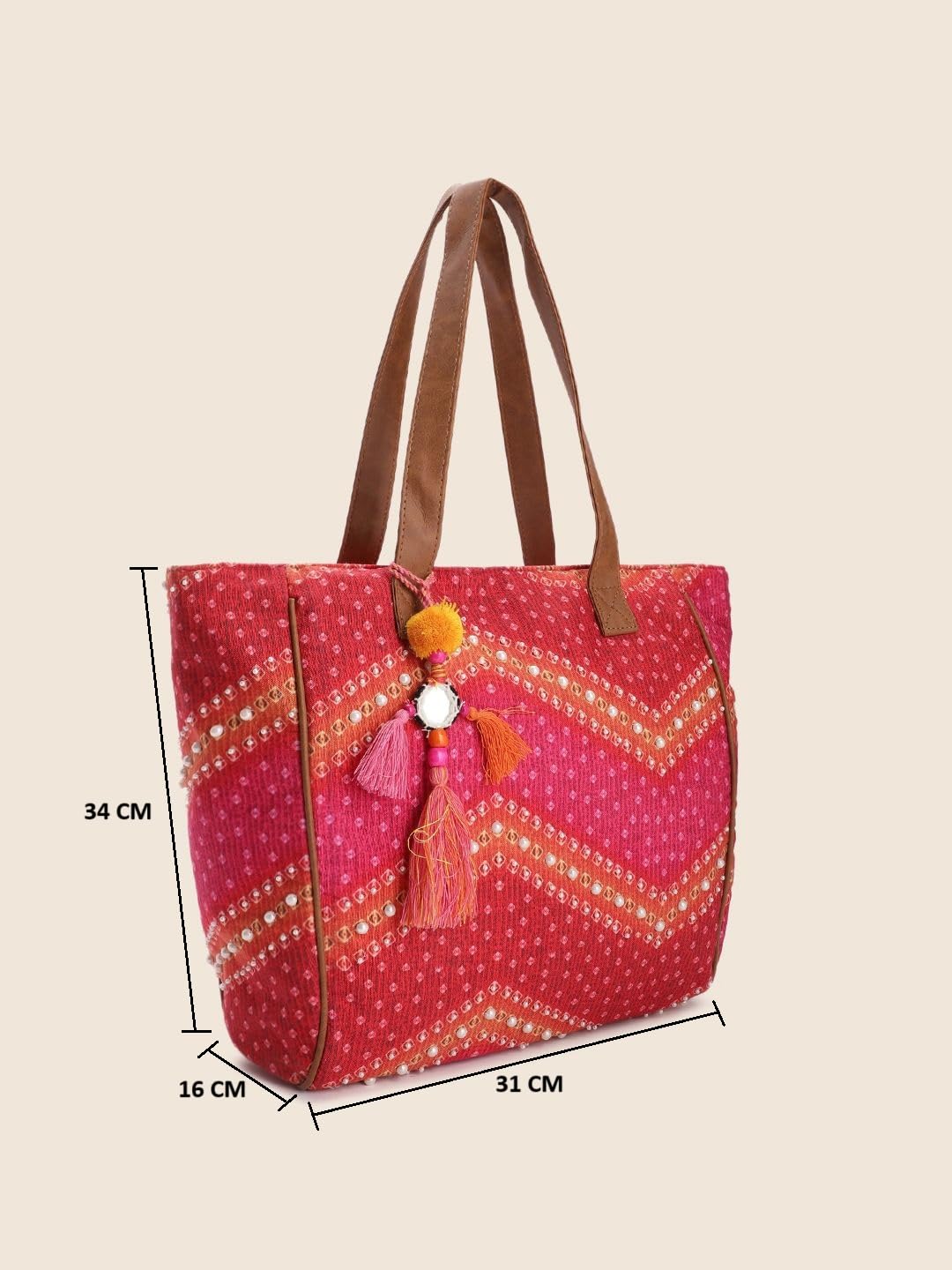 PRIMROSE Women's Red & Pink Tote Bag with Embellished Tassel Accents