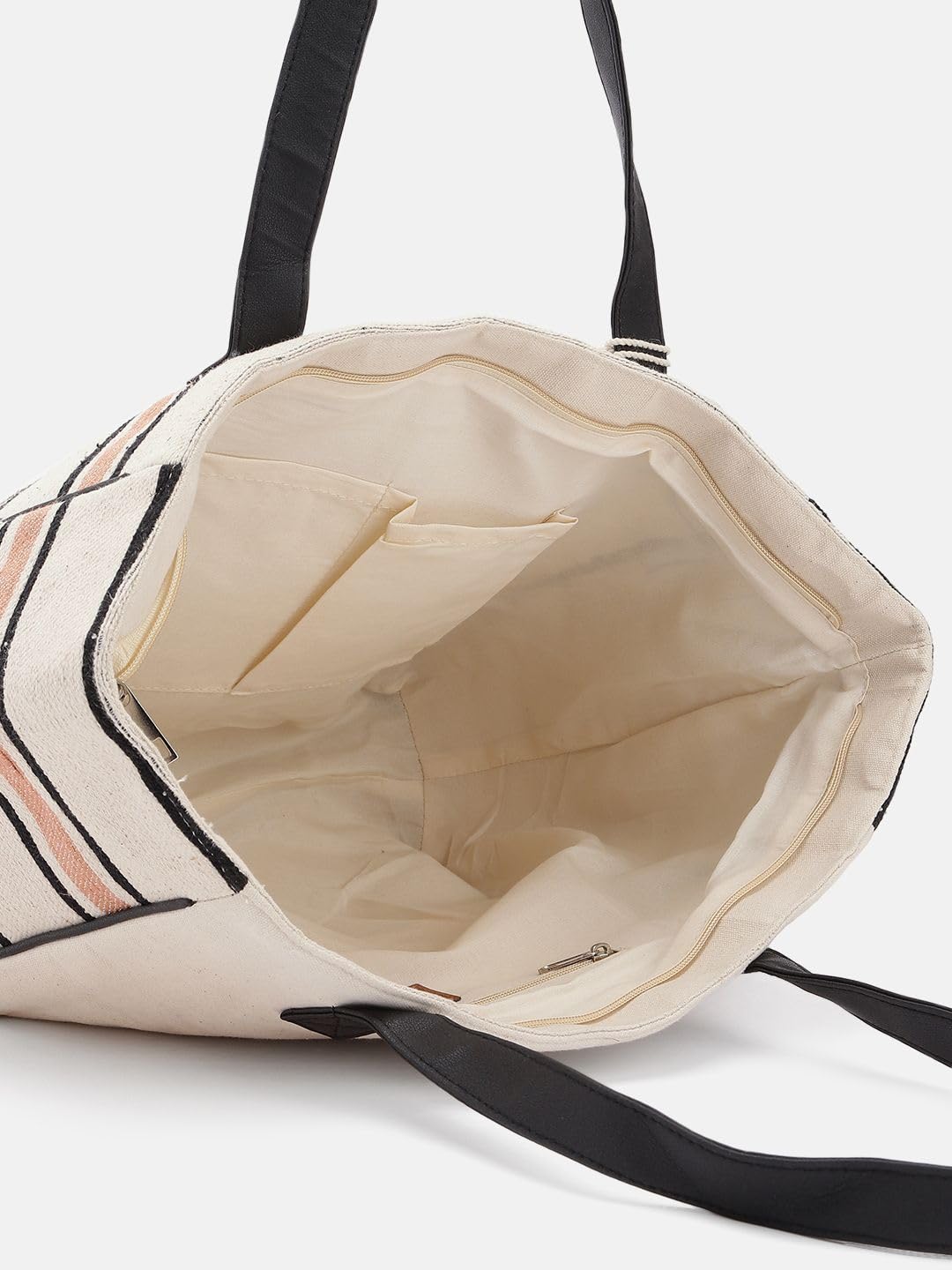 PRIMROSE Striped Canvas Tote Bag with Tassel Beige Black and Peach