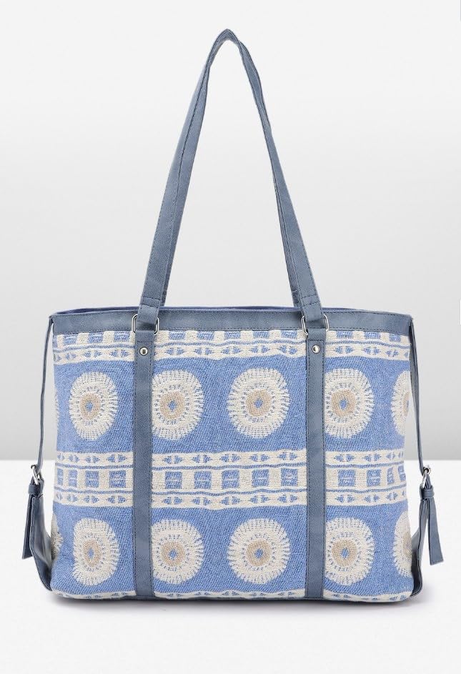 PRIMROSE Stylish Tote Bag with Geometric Pattern Blue and Beige