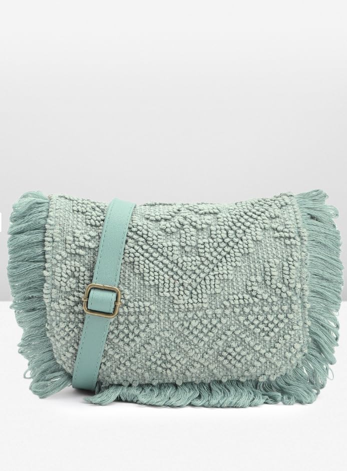 PRIMROSE Fringed Knit Handbag for Women Mint Green