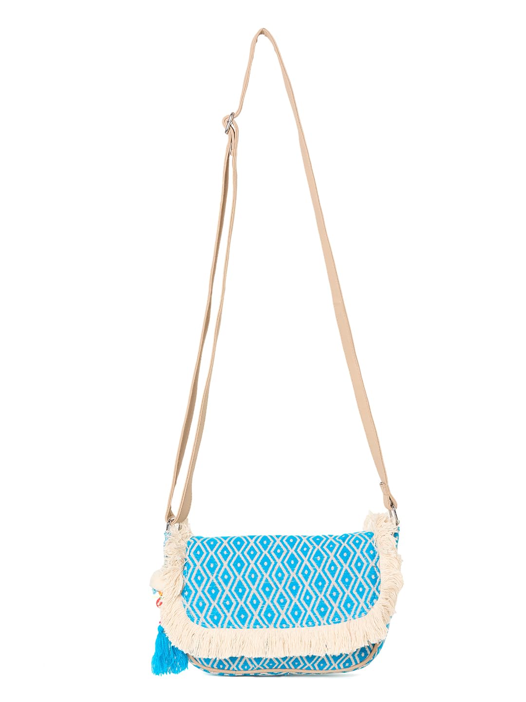 PRIMROSE Women's Tote Bag, Turquoise Blue Diamond Pattern, Fringed Trim, Tassel Accent