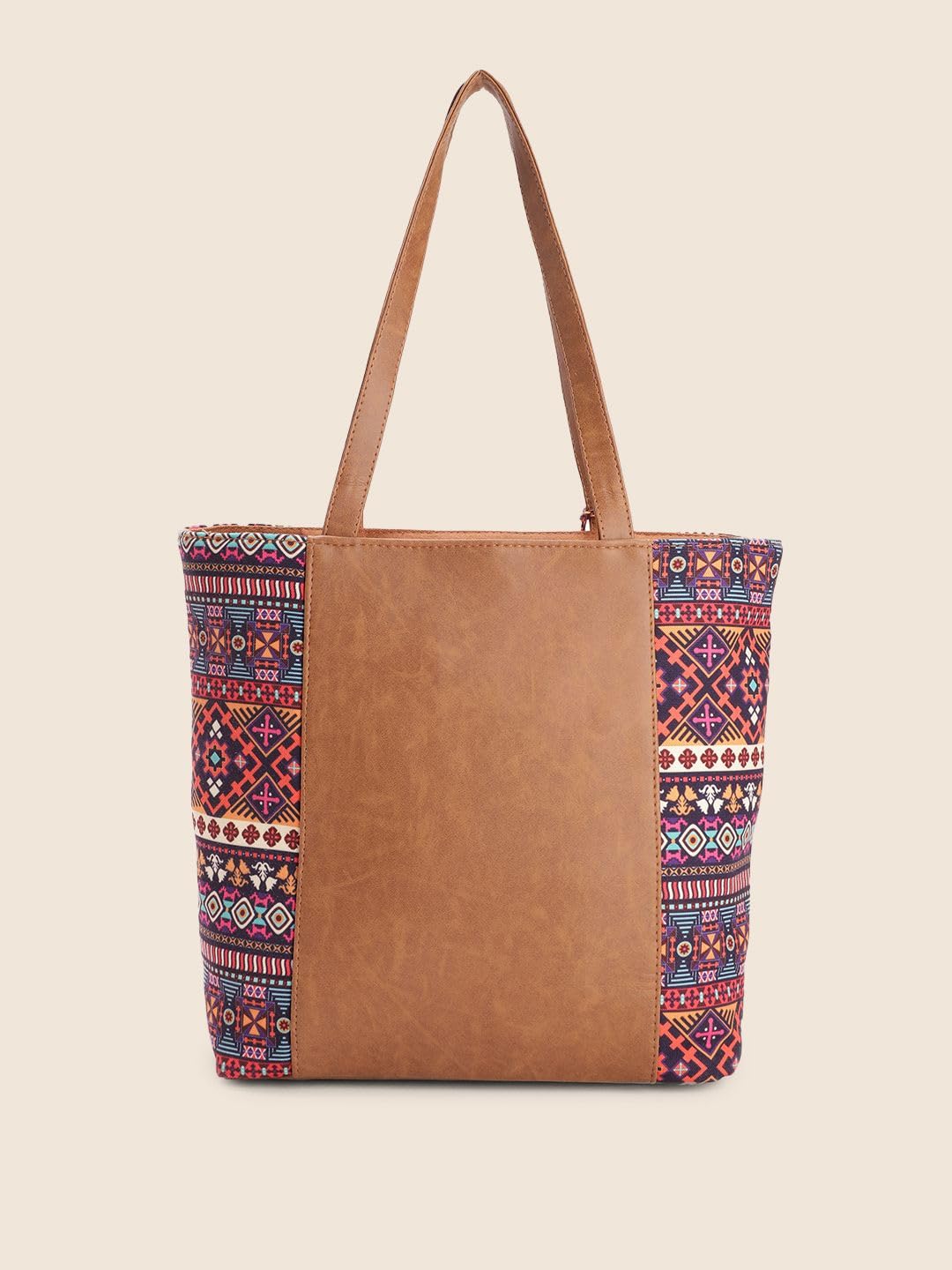 PRIMROSE Women's Tote Bag Tan Suede with Multicolour Aztec Pattern Tassel Detail