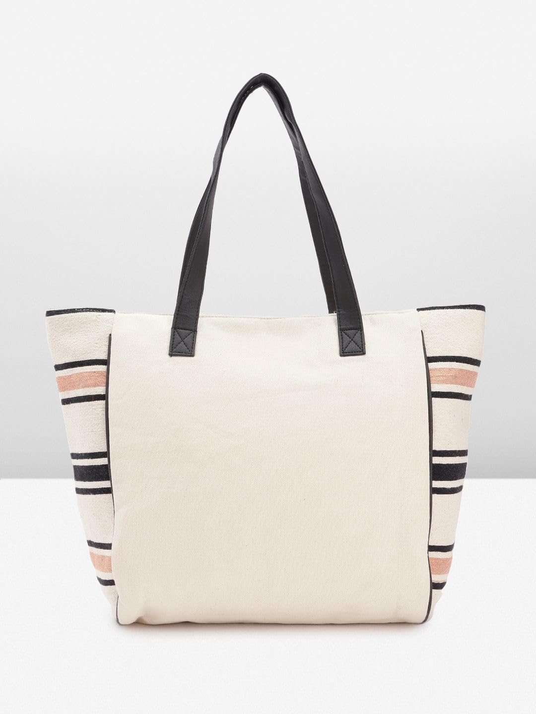 PRIMROSE Striped Canvas Tote Bag with Tassel Beige Black and Peach