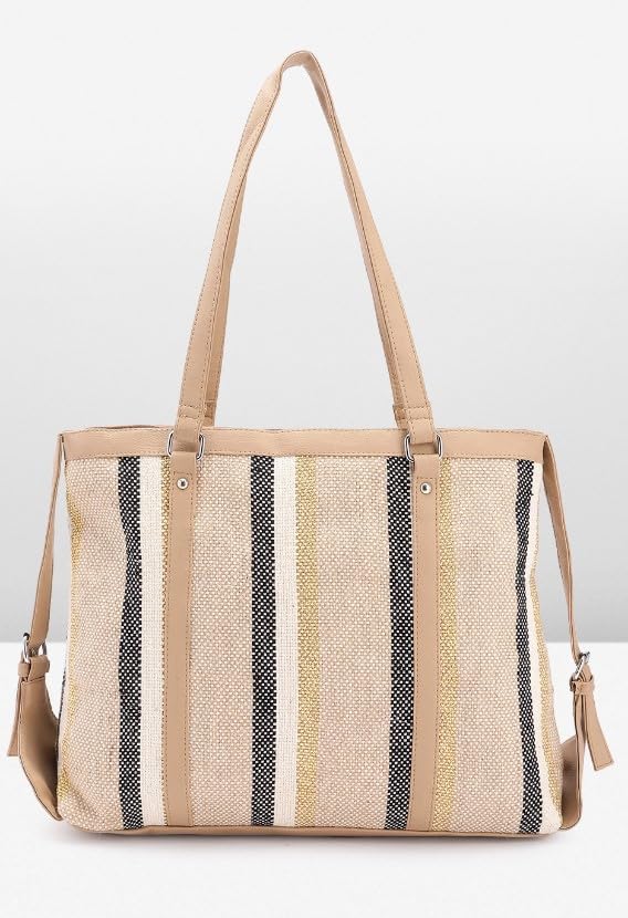 PRIMROSE Women's Beige and Black Striped Tote Bag with Dual Handles