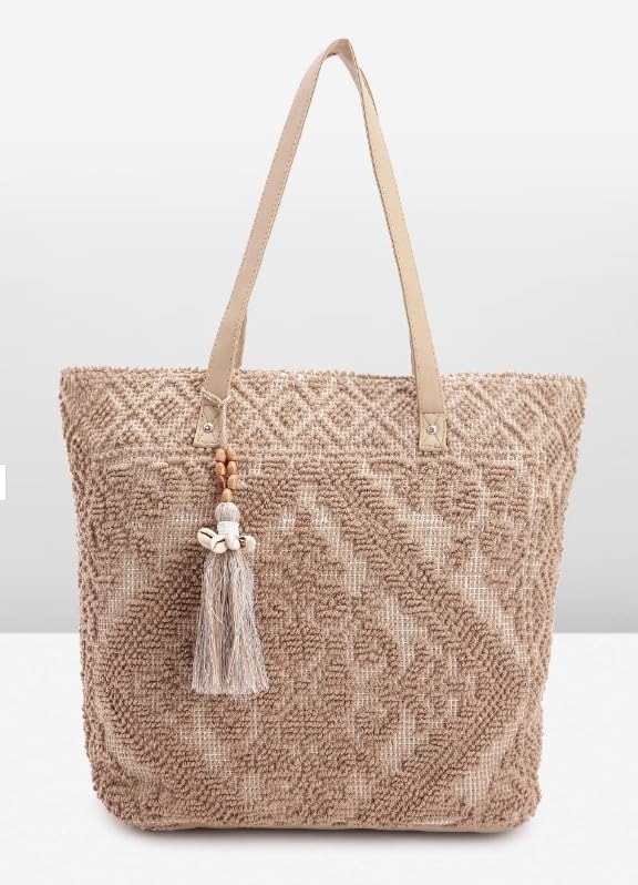 PRIMROSE Beige Woven Tote Bag with Tassels for Women