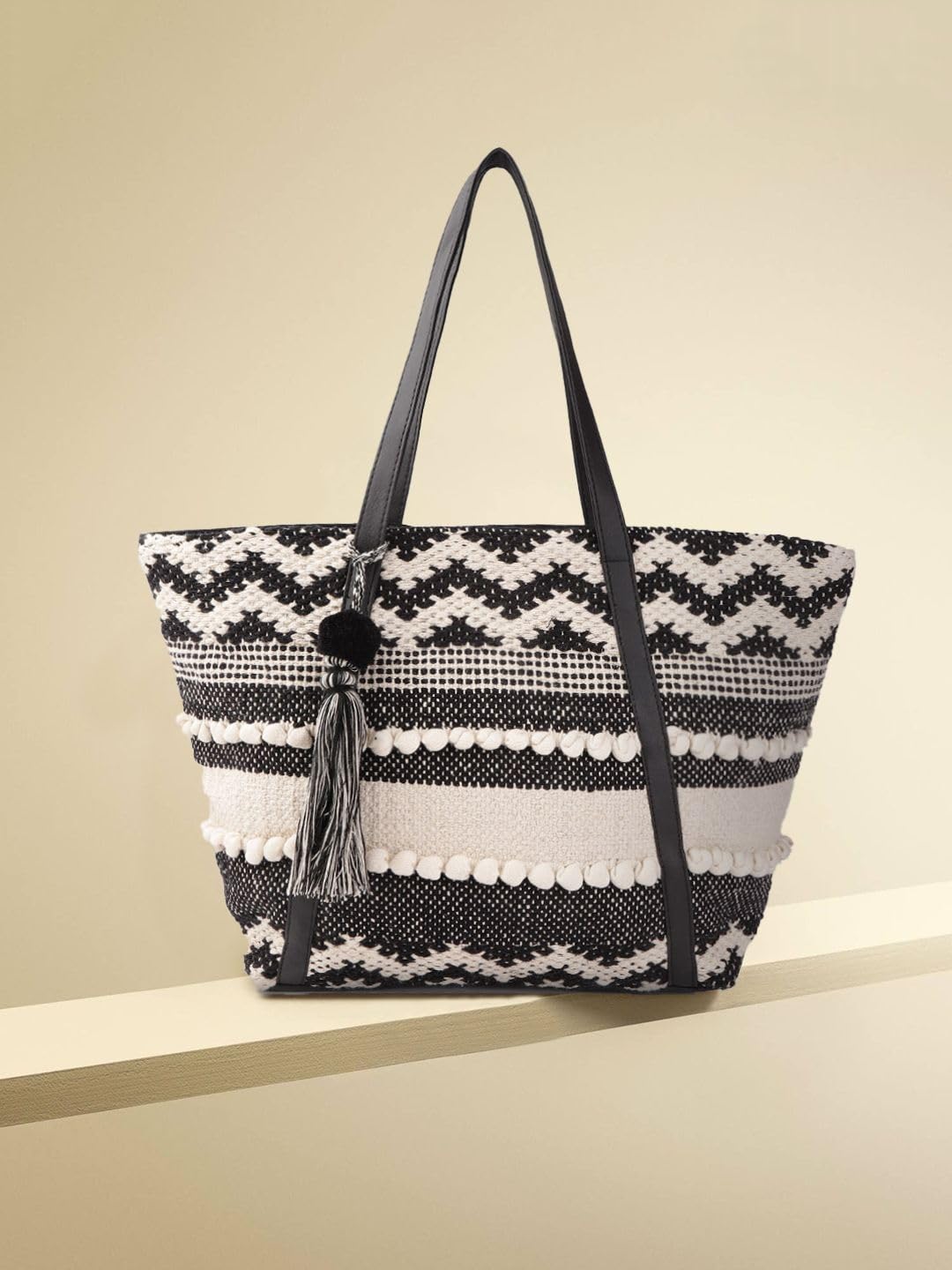 PRIMROSE Bohemian Style Tote Bag with Tassel Black and White Patterns