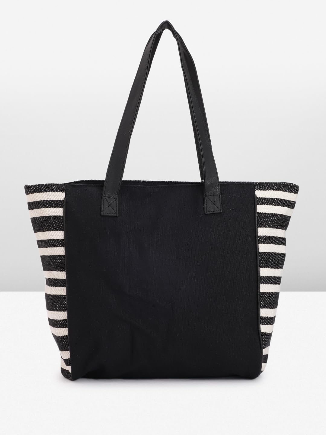 PRIMROSE Striped Canvas Tote Bag with Tassel Black and White