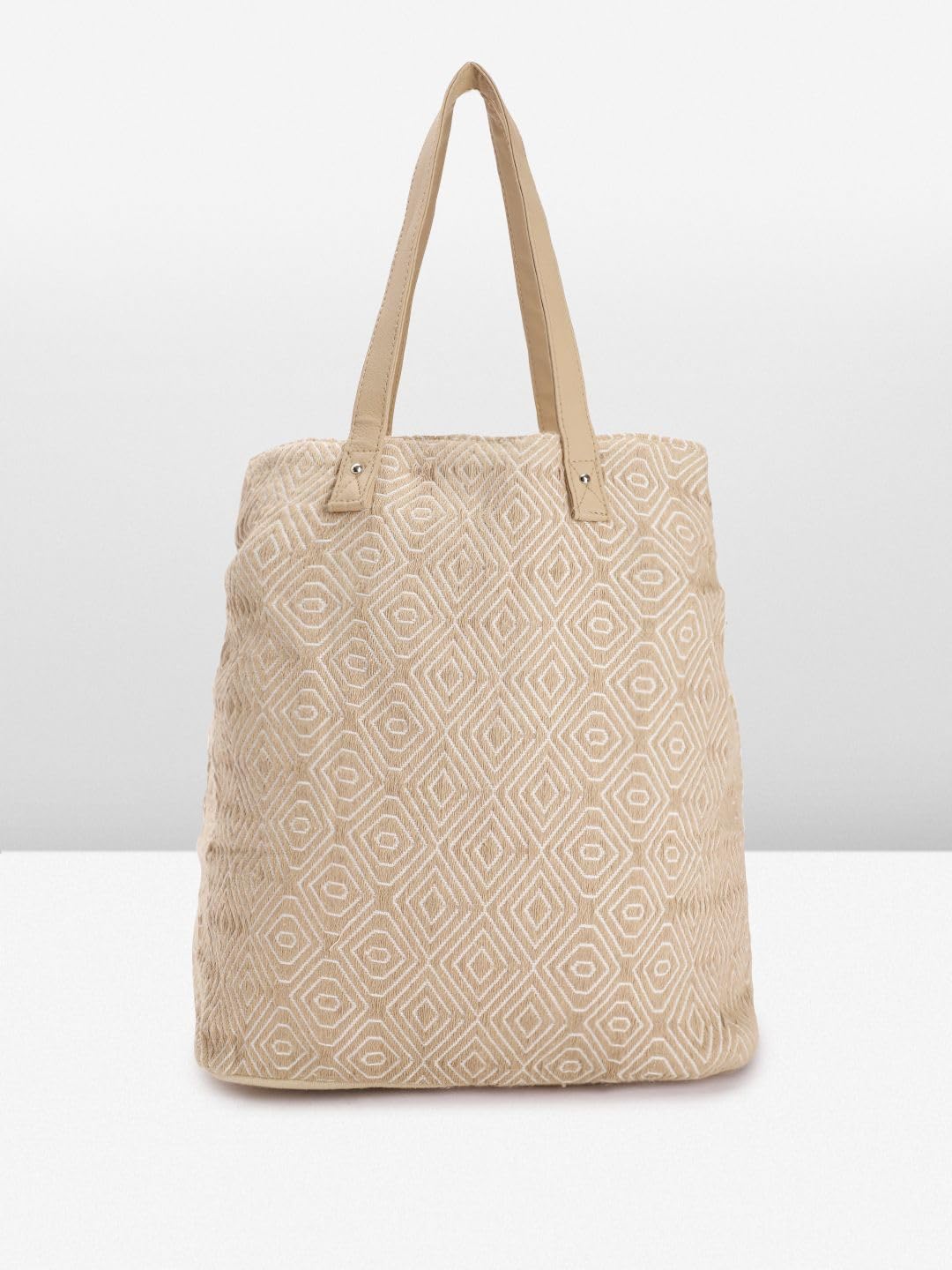 PRIMROSE Beige Geometric Pattern Tote Bag with Tassel Charm