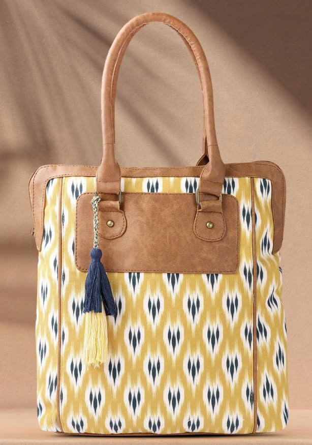 PRIMROSE Yellow & Green Ikat Printed Shoulder Bag with Tasselled