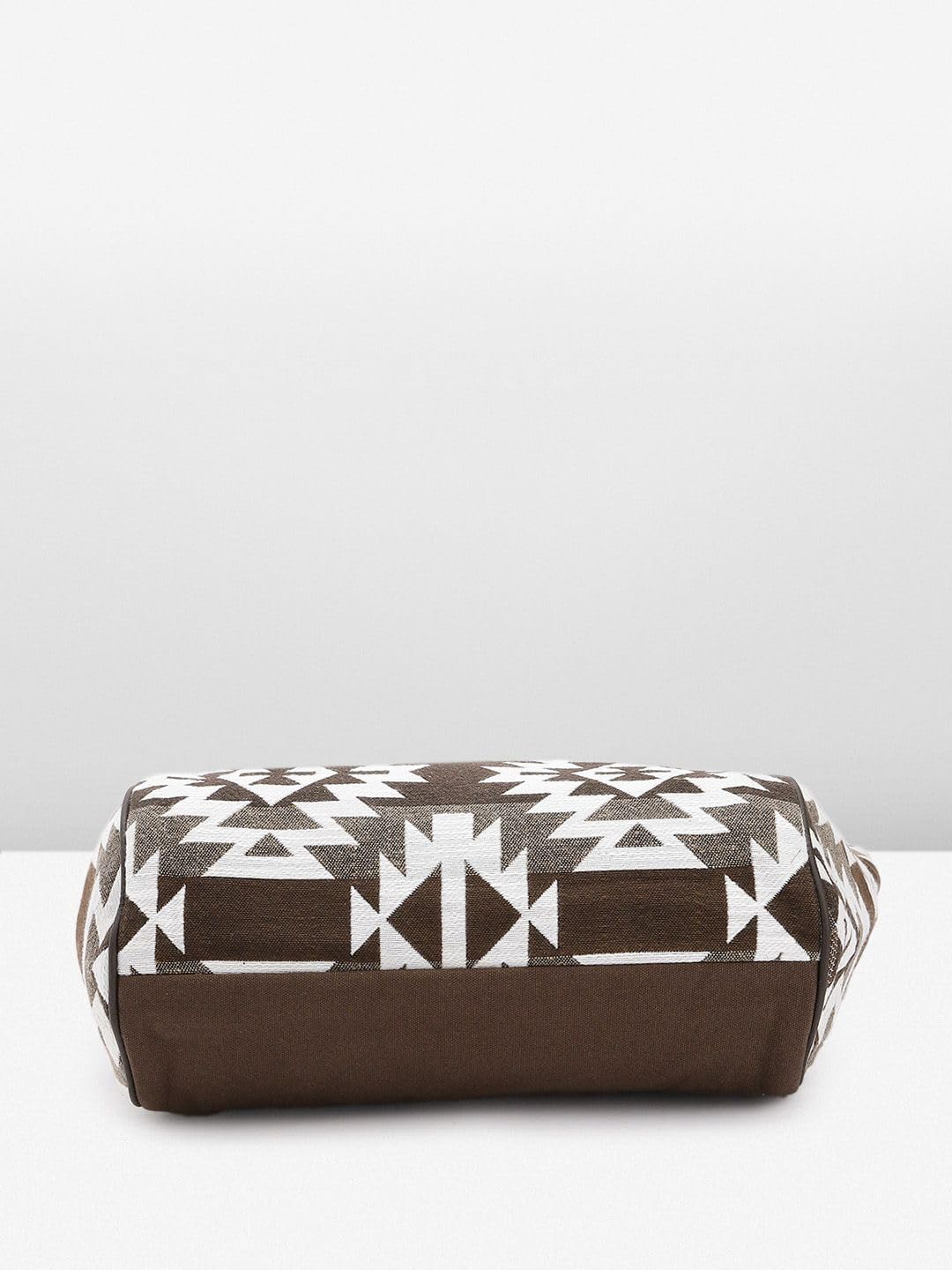 PRIMROSE Ethnic Kilim Tote Bag, Brown and White Geometric Print, Tassel Accent