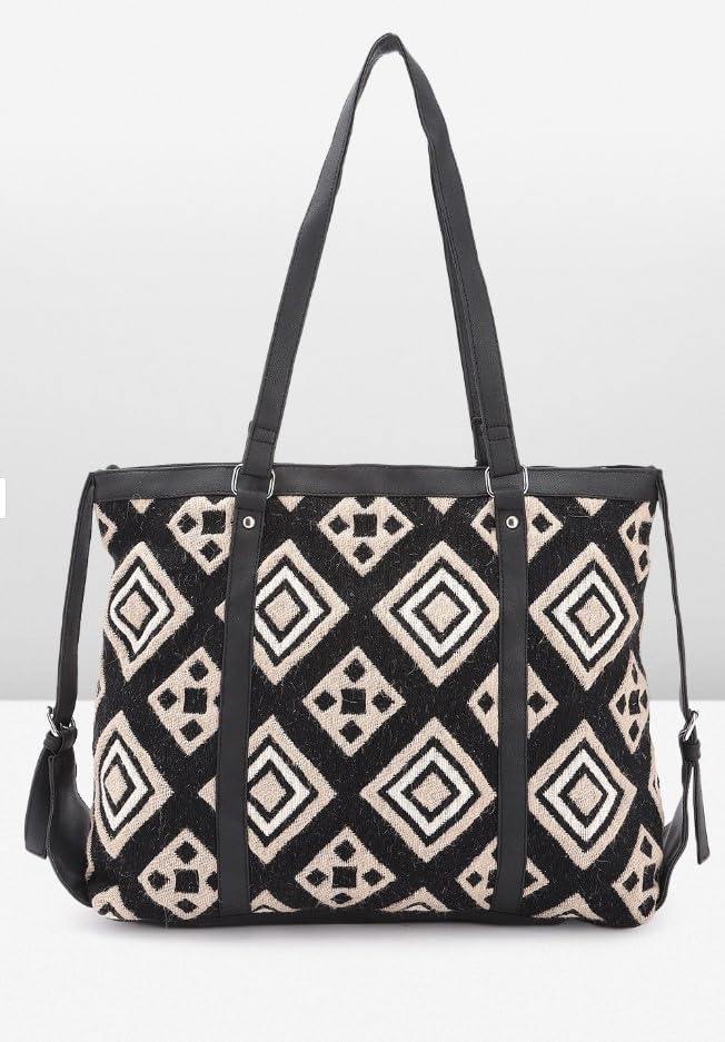 PRIMROSE Patterned Black and White Tote Bag Geometric Diamond Design