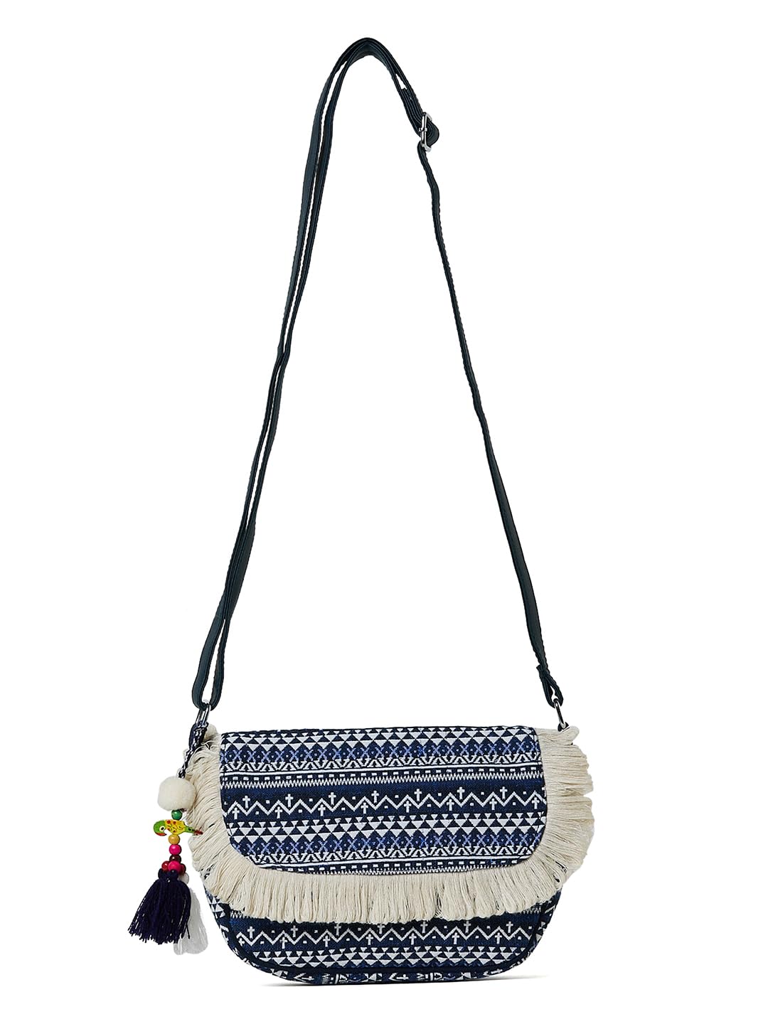 PRIMROSE Boho Fringe Crossbody Bag, Aztec Print, Navy Blue and White