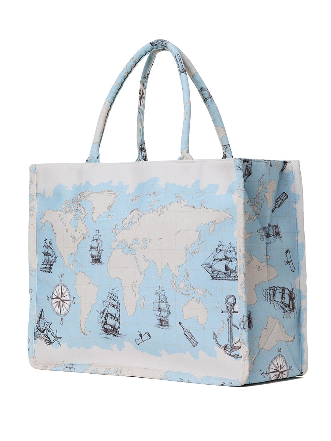 PRIMROSE World Map Print Tote Bag with Nautical Elements, Blue and White