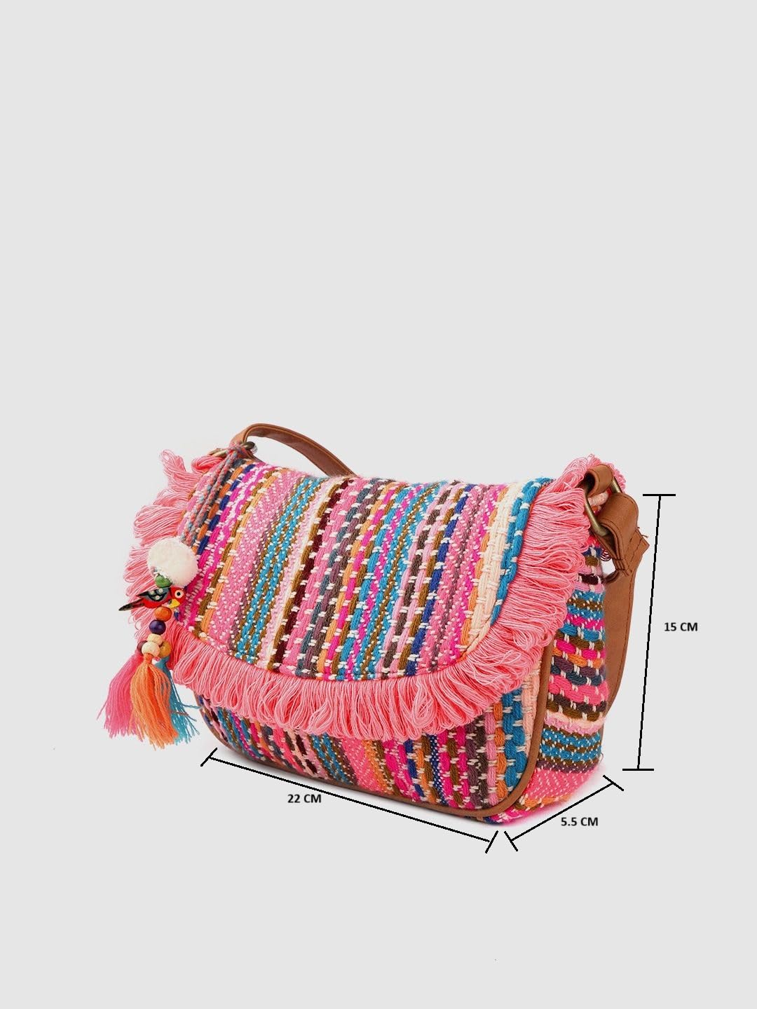 PRIMROSE Multicolour Woven Fringed Handbag with Adjustable Strap Crossbody Bag with Tassels