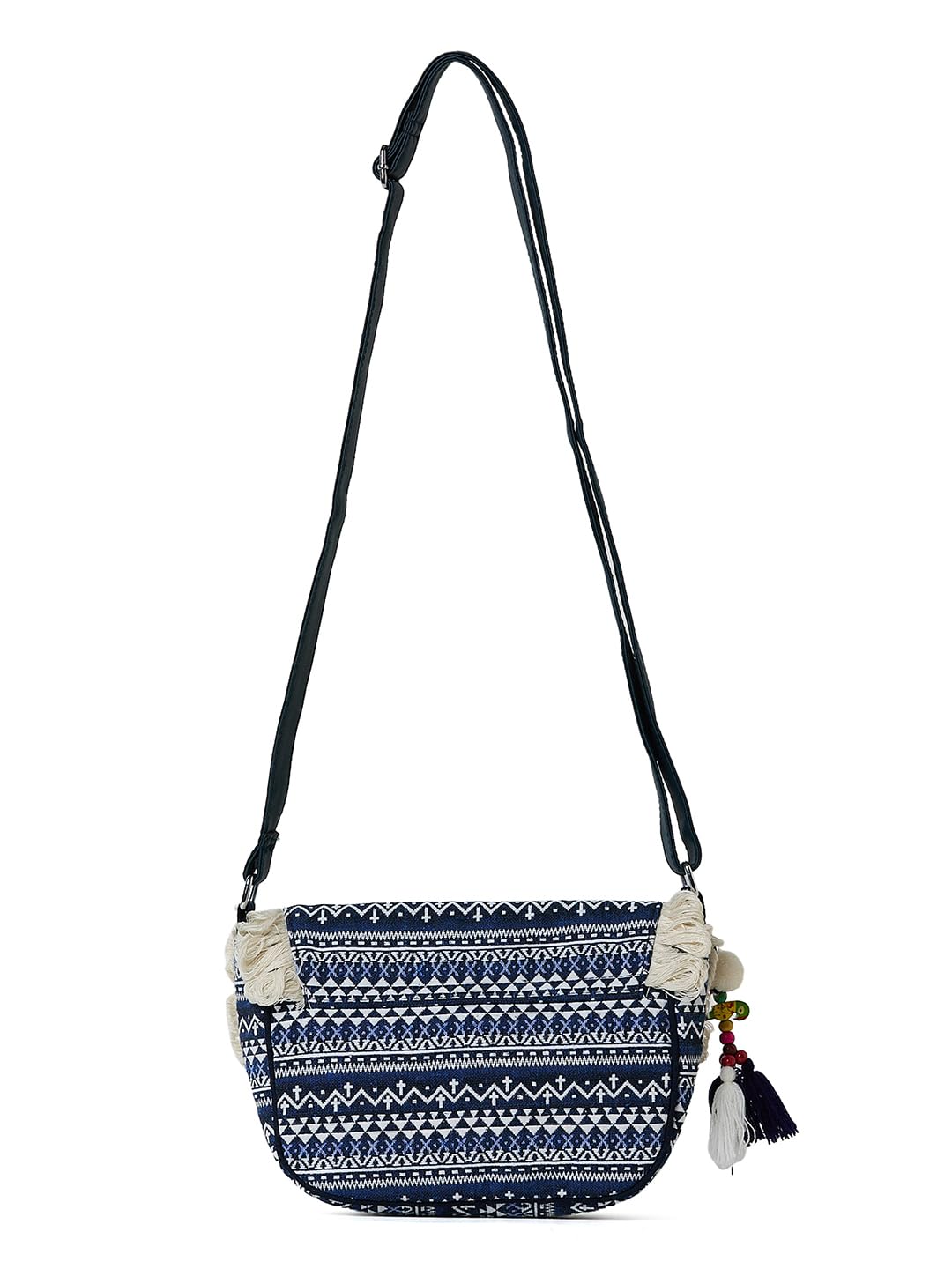 PRIMROSE Boho Fringe Crossbody Bag, Aztec Print, Navy Blue and White