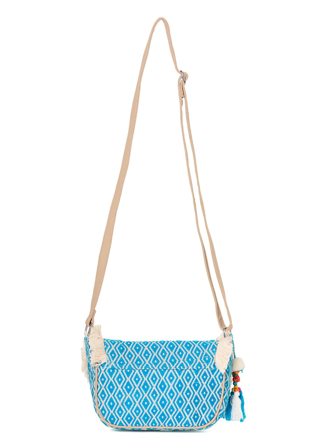 PRIMROSE Women's Tote Bag, Turquoise Blue Diamond Pattern, Fringed Trim, Tassel Accent