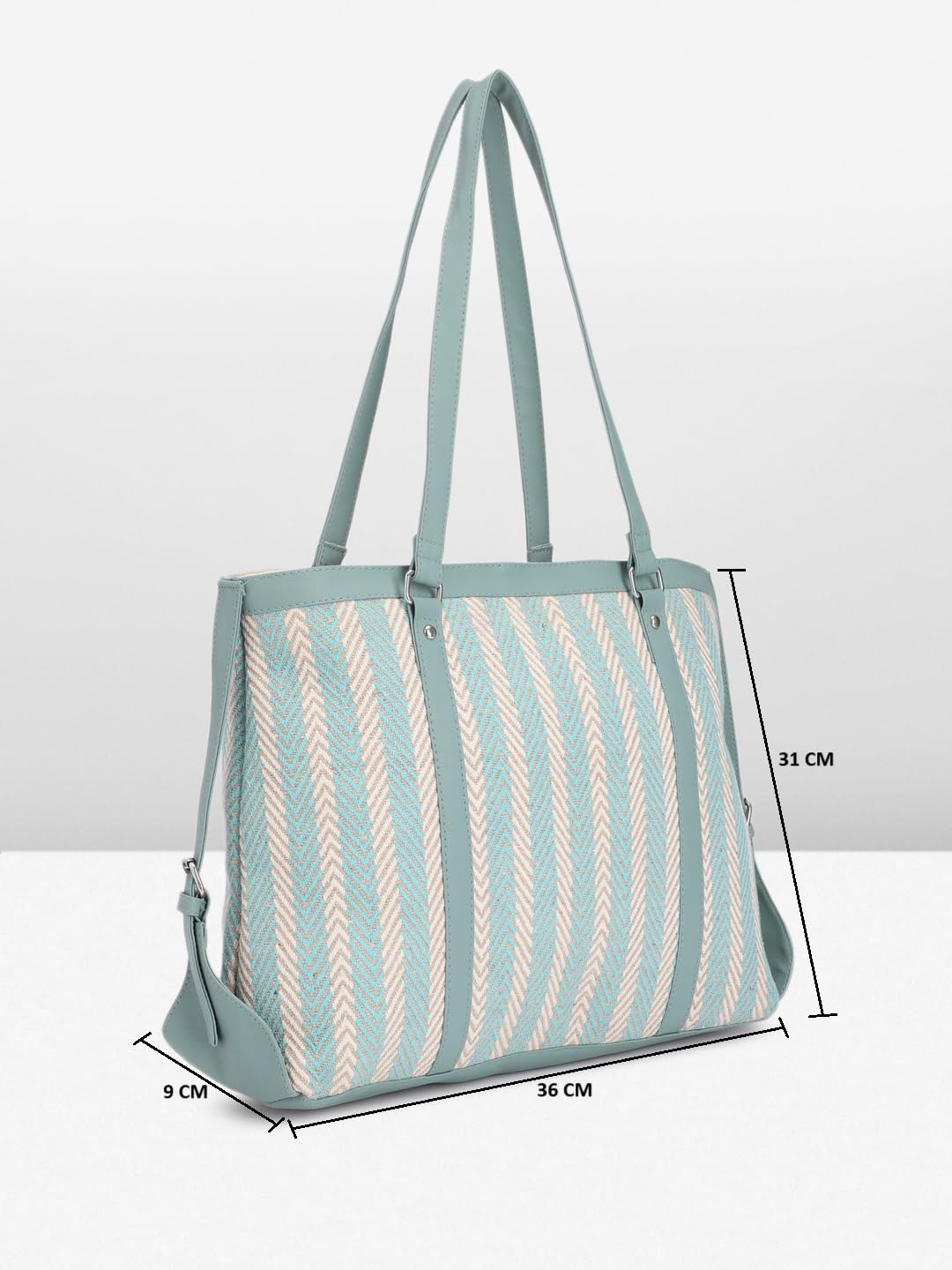 PRIMROSE Patterned Tote Bag for Women Teal and Beige Chevron Design