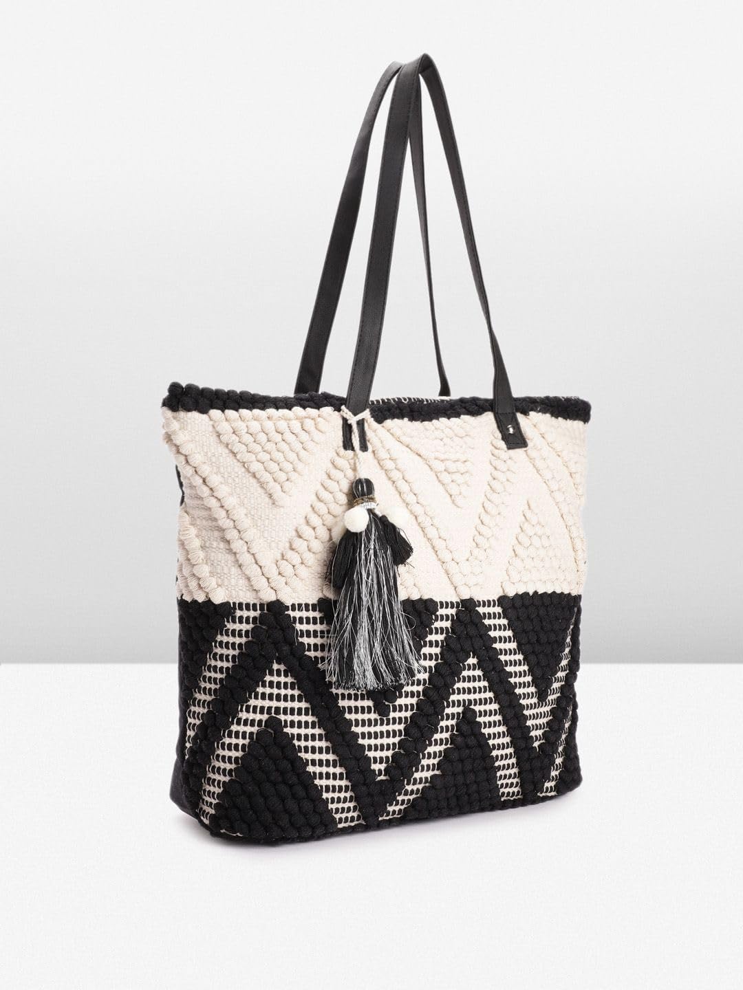 PRIMROSE Handcrafted Woven Tote Bag with Tassel Detail Black and Off-White