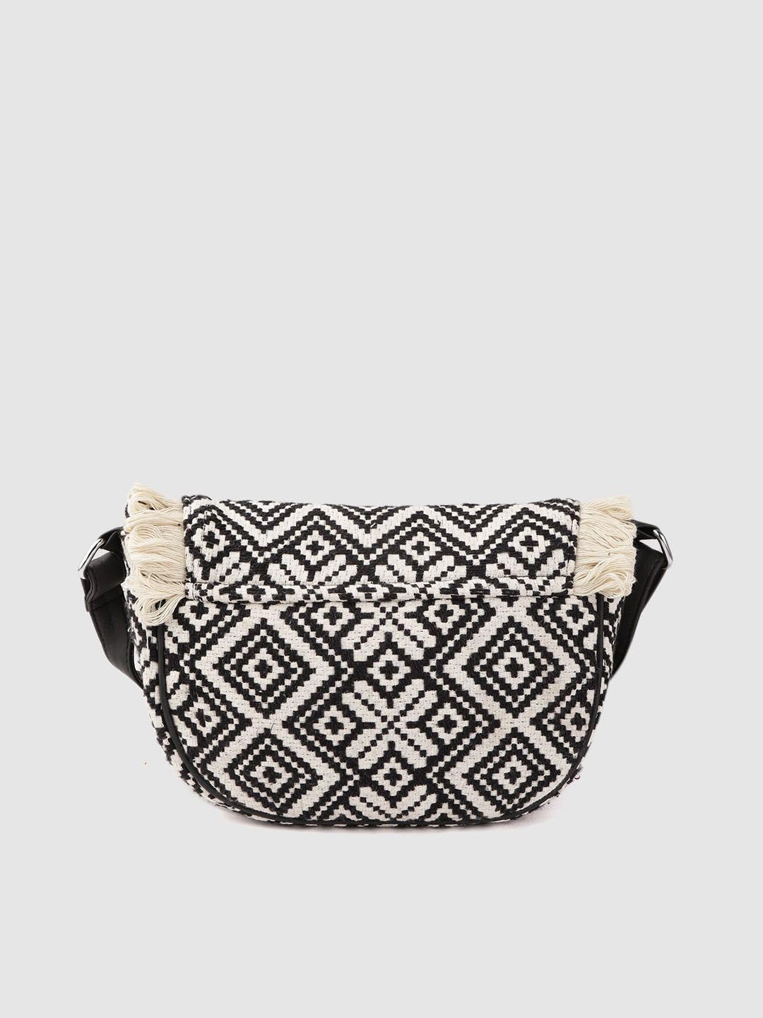 PRIMROSE Fringed Boho Crossbody Bag with Tassels Black and White Diamond Pattern