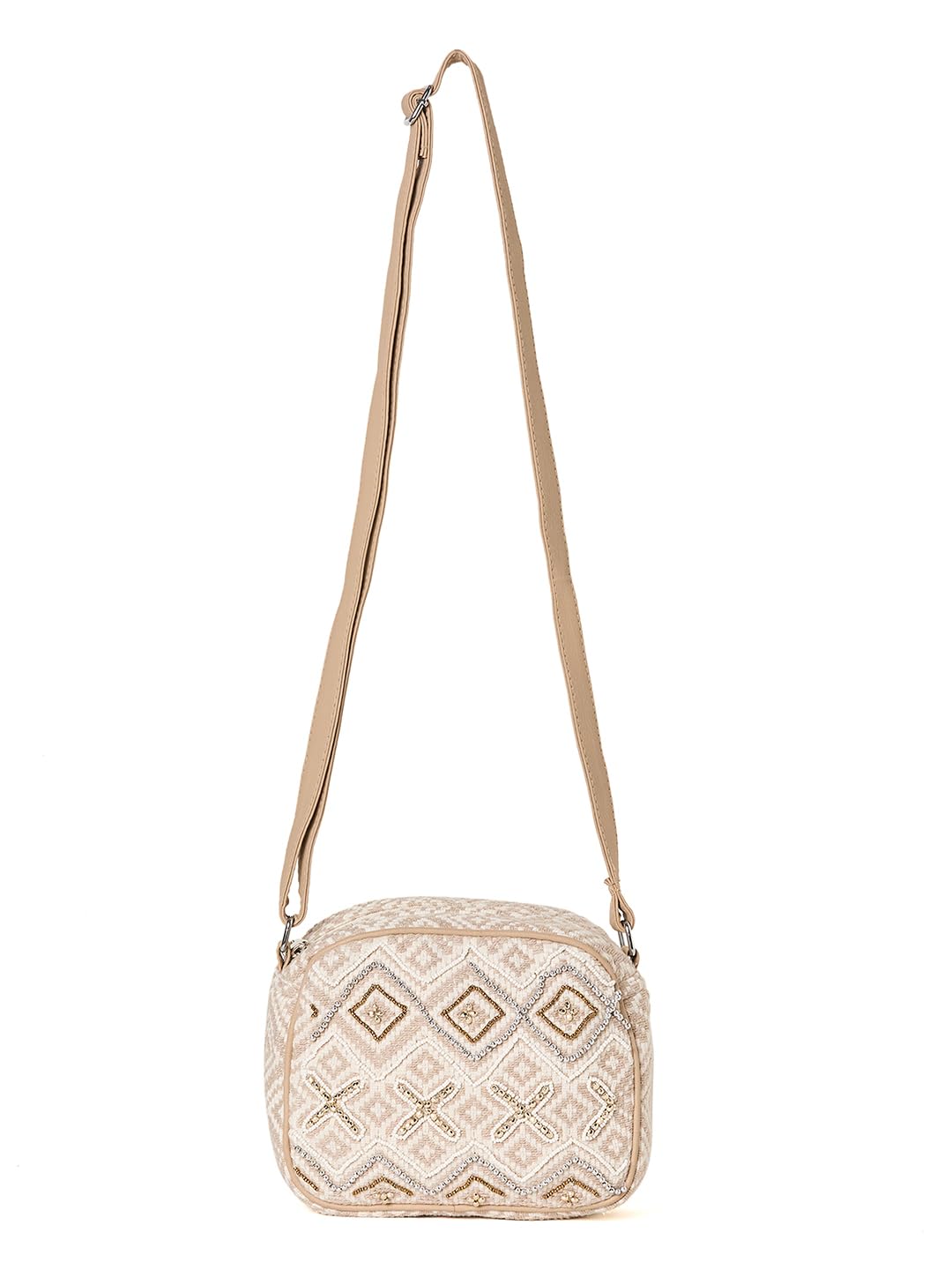 PRIMROSE Beige Crossbody Bag with Diamond Pattern, Adjustable Strap