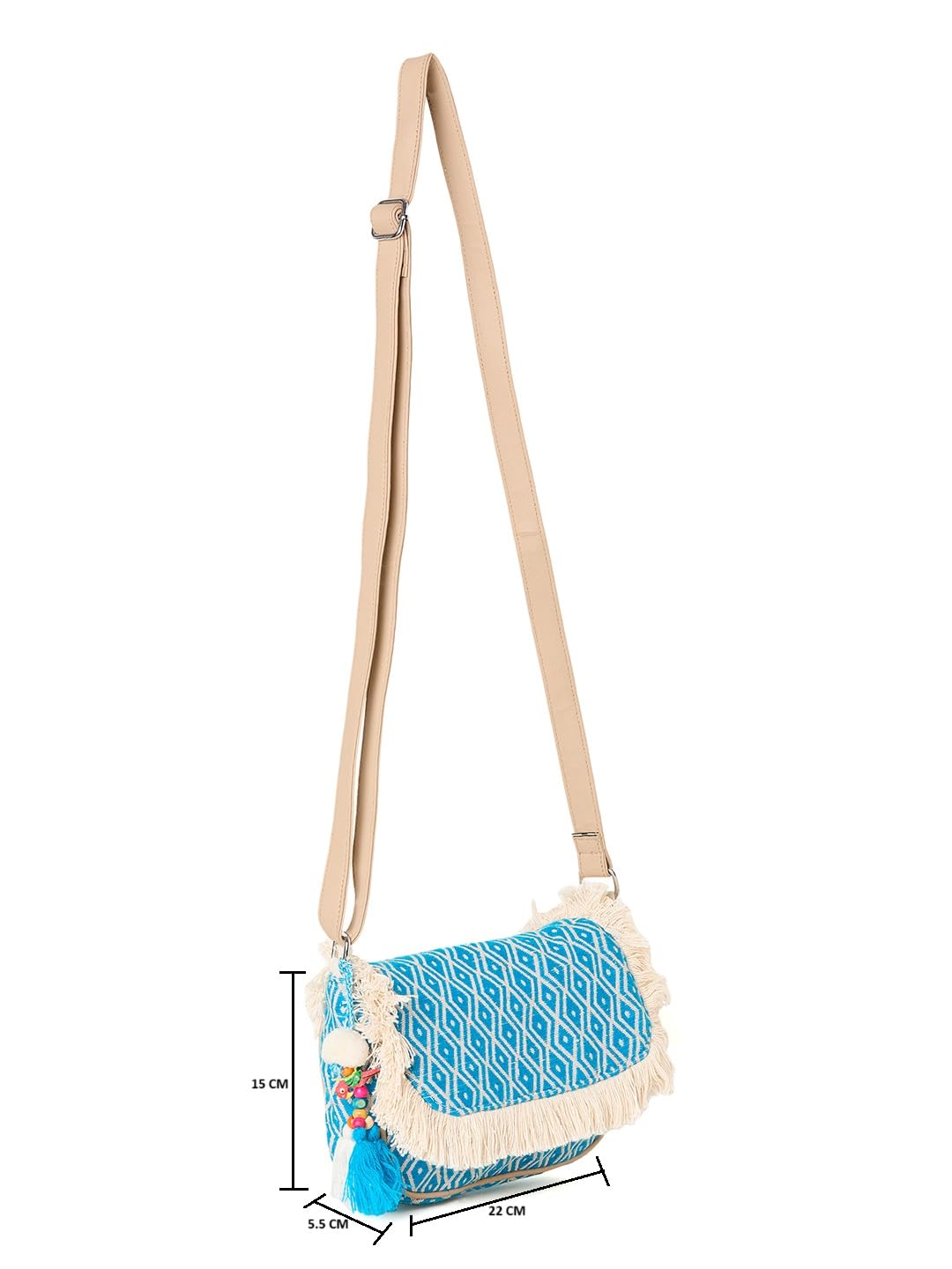 PRIMROSE Women's Tote Bag, Turquoise Blue Diamond Pattern, Fringed Trim, Tassel Accent