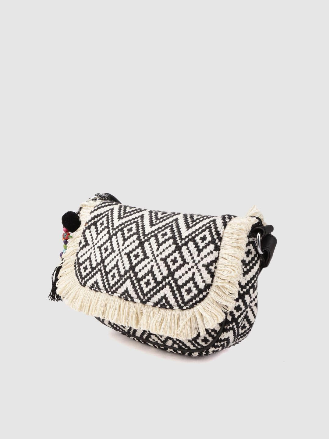 PRIMROSE Fringed Boho Crossbody Bag with Tassels Black and White Diamond Pattern