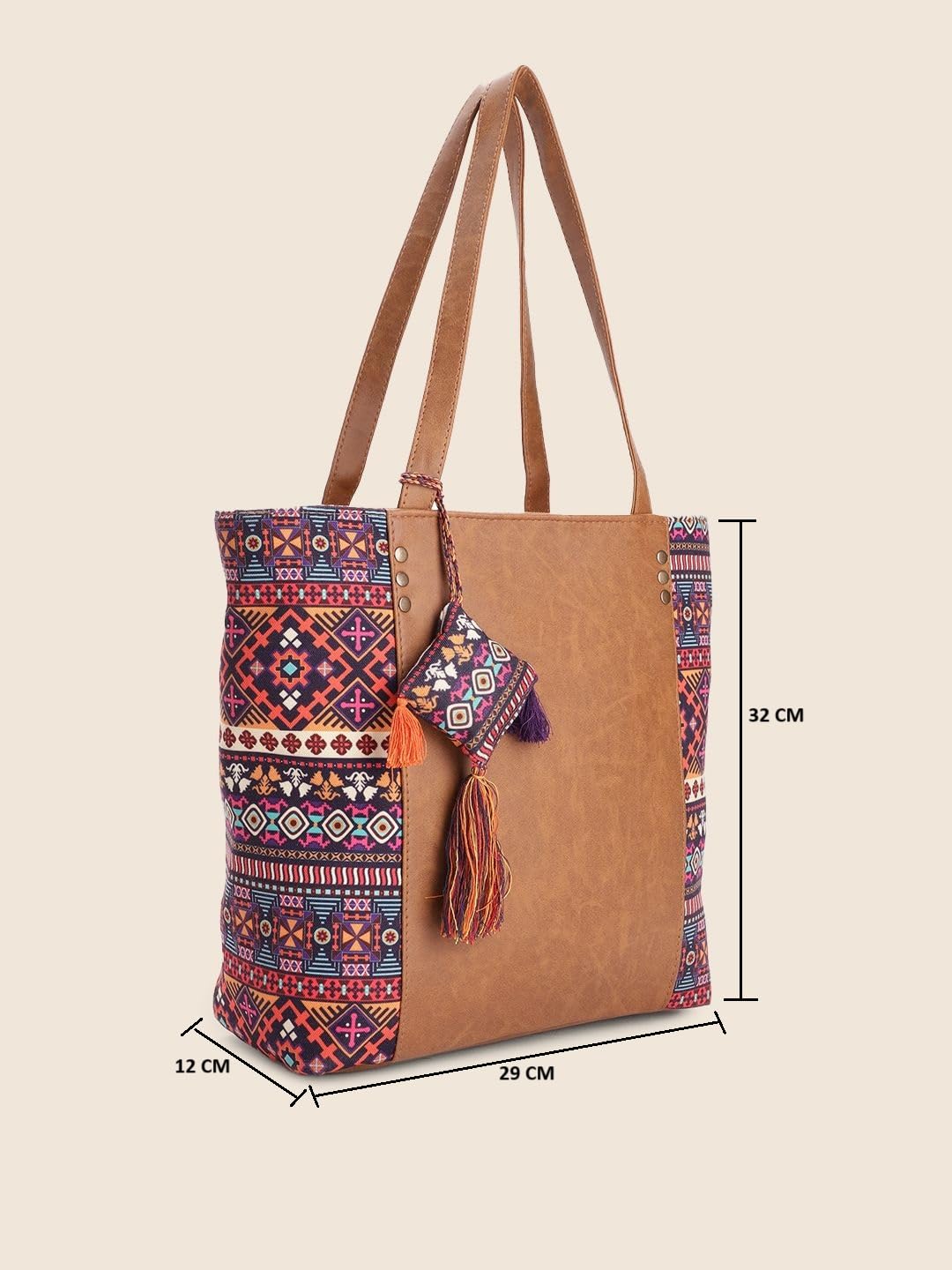 PRIMROSE Women's Tote Bag Tan Suede with Multicolour Aztec Pattern Tassel Detail