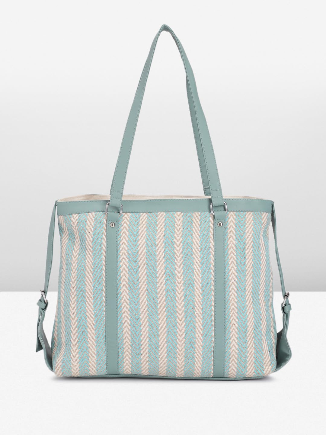 PRIMROSE Patterned Tote Bag for Women Teal and Beige Chevron Design