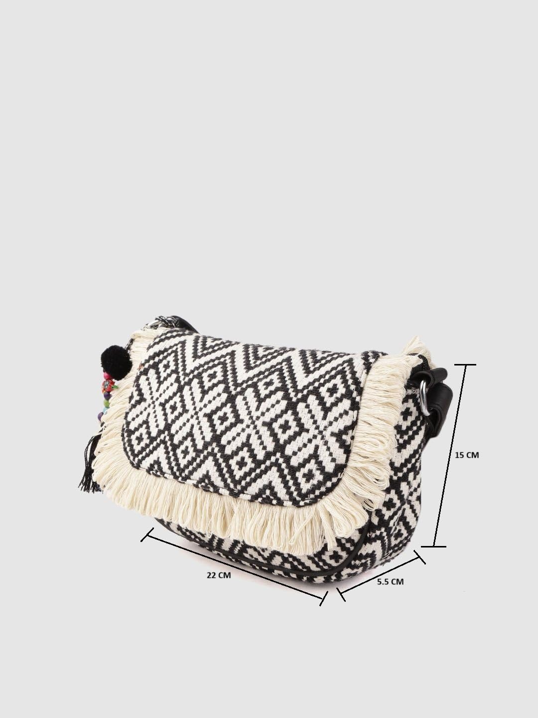 PRIMROSE Fringed Boho Crossbody Bag with Tassels Black and White Diamond Pattern