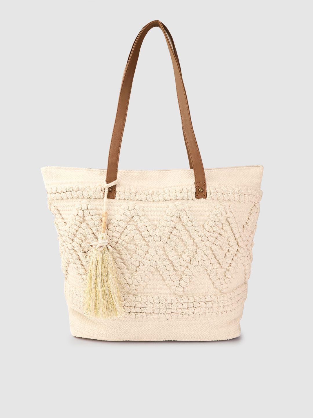 PRIMROSE Women Off-White Woven Design Shoulder Bag with Tasselled Detail