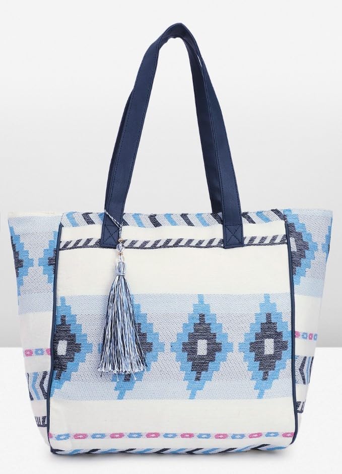 PRIMROSE Women's Blue and White Aztec Pattern Tote Bag with Tassel