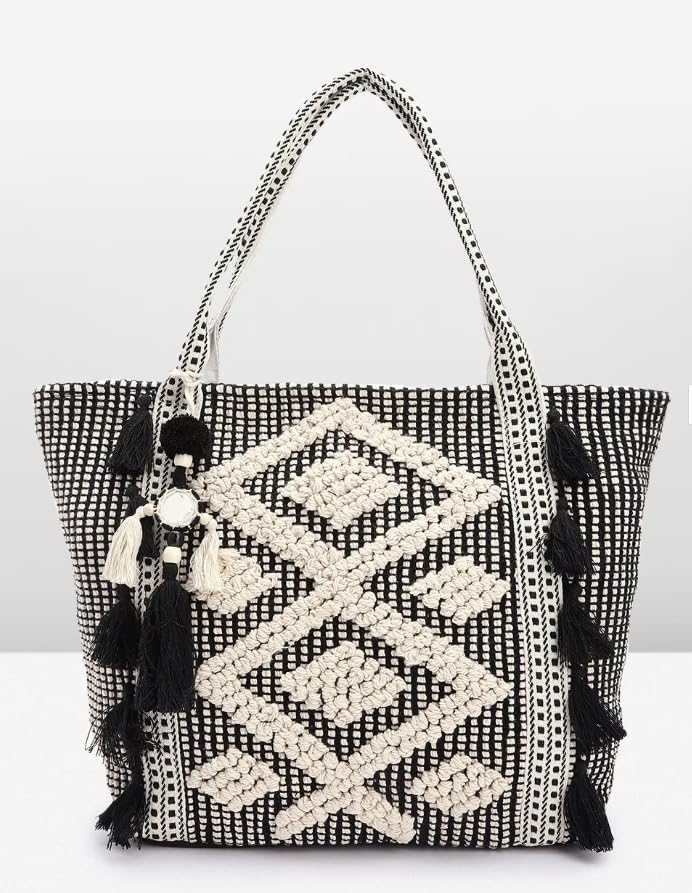 PRIMROSE Women's Handcrafted Crochet Tote Bag with Tassel Accents Black and White Geometric Pattern