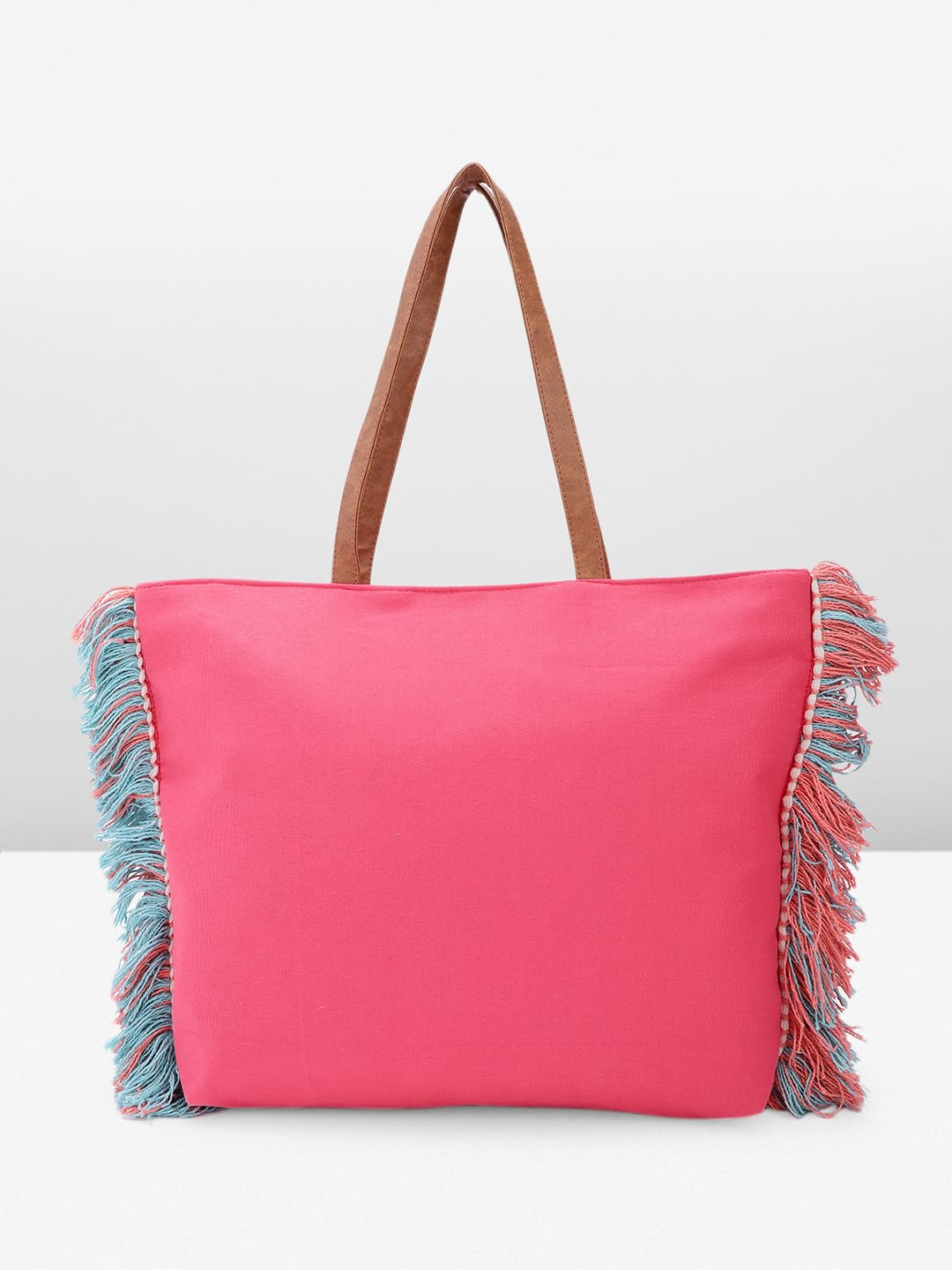 PRIMROSE Handcrafted Woven Tote Bag with Fringe Detailing Pink and Blue