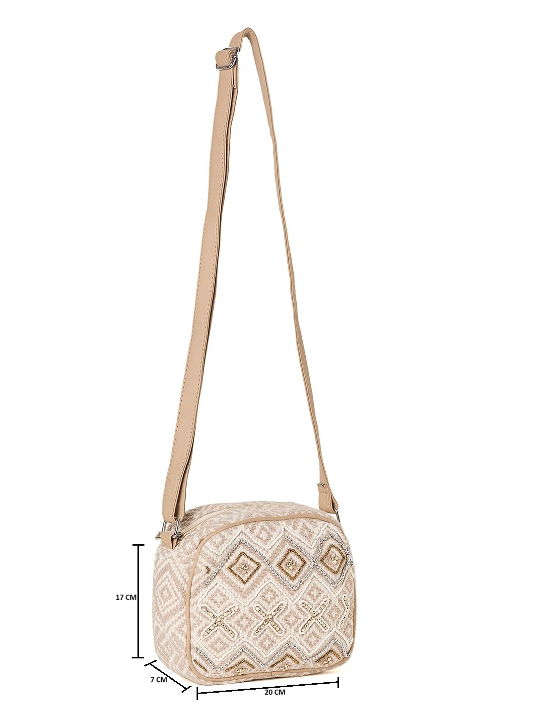 PRIMROSE Beige Crossbody Bag with Diamond Pattern, Adjustable Strap