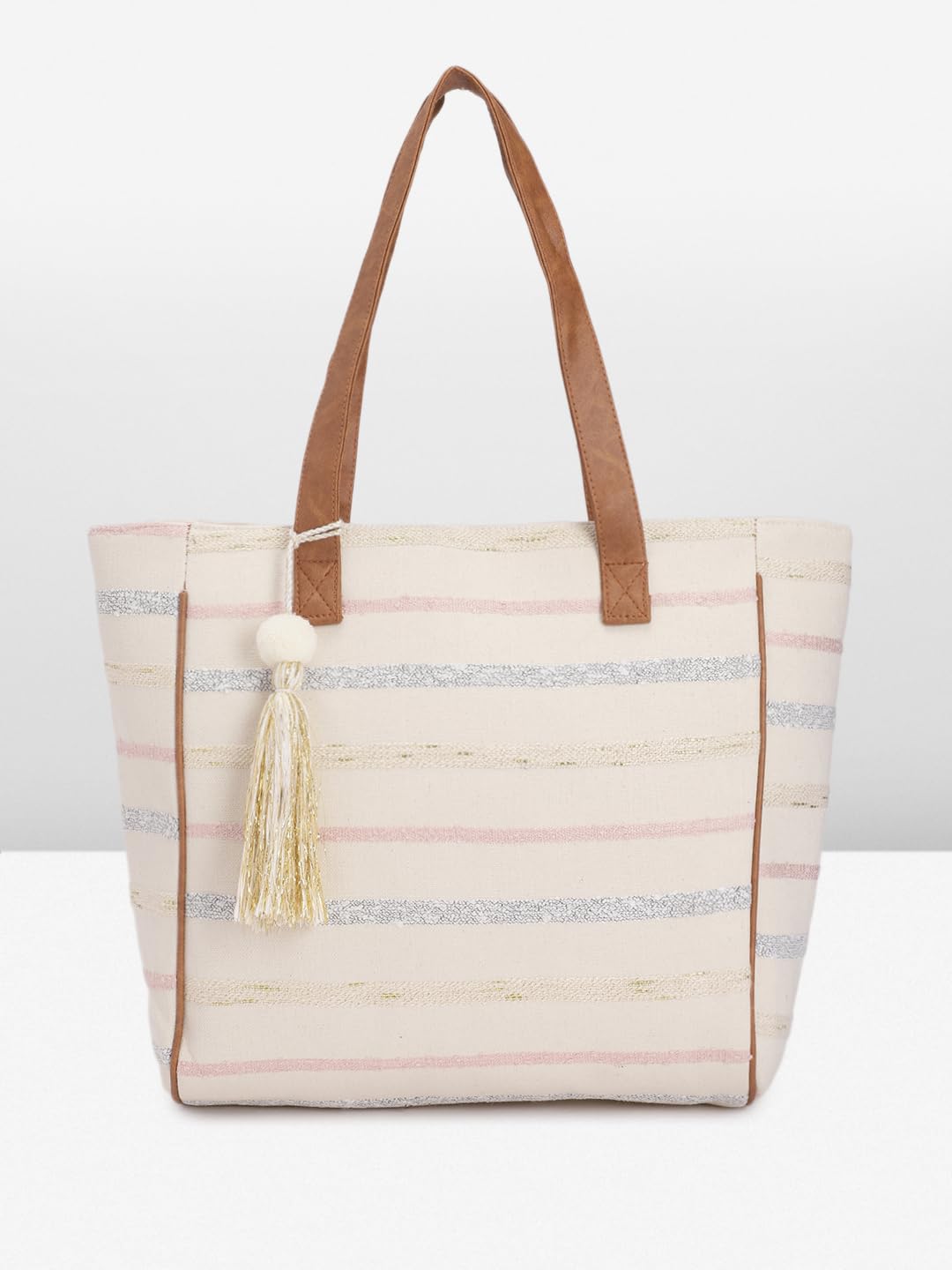 PRIMROSE Striped Canvas Tote Bag with Tassel Beige and Pink