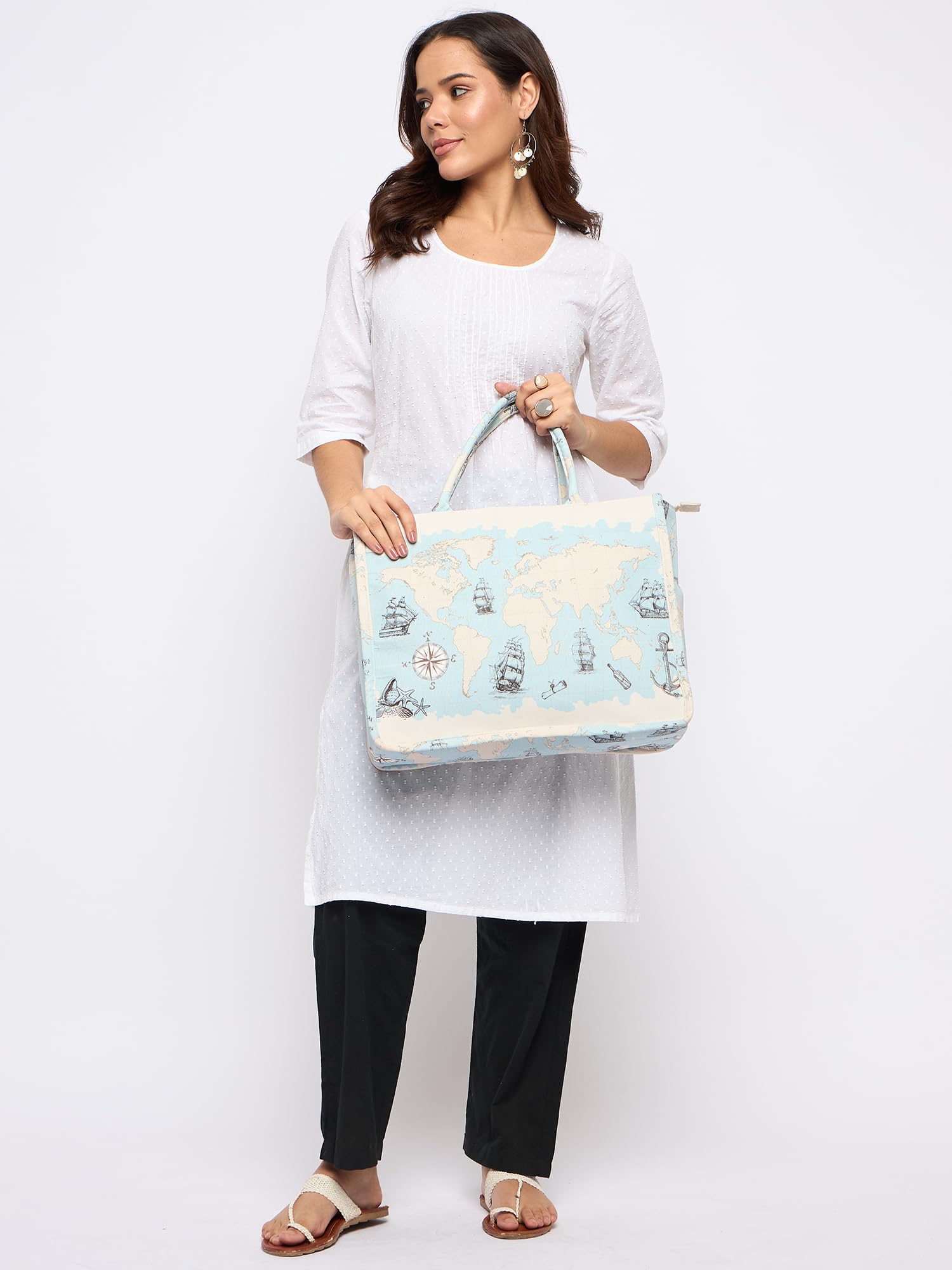 PRIMROSE World Map Print Tote Bag with Nautical Elements, Blue and White