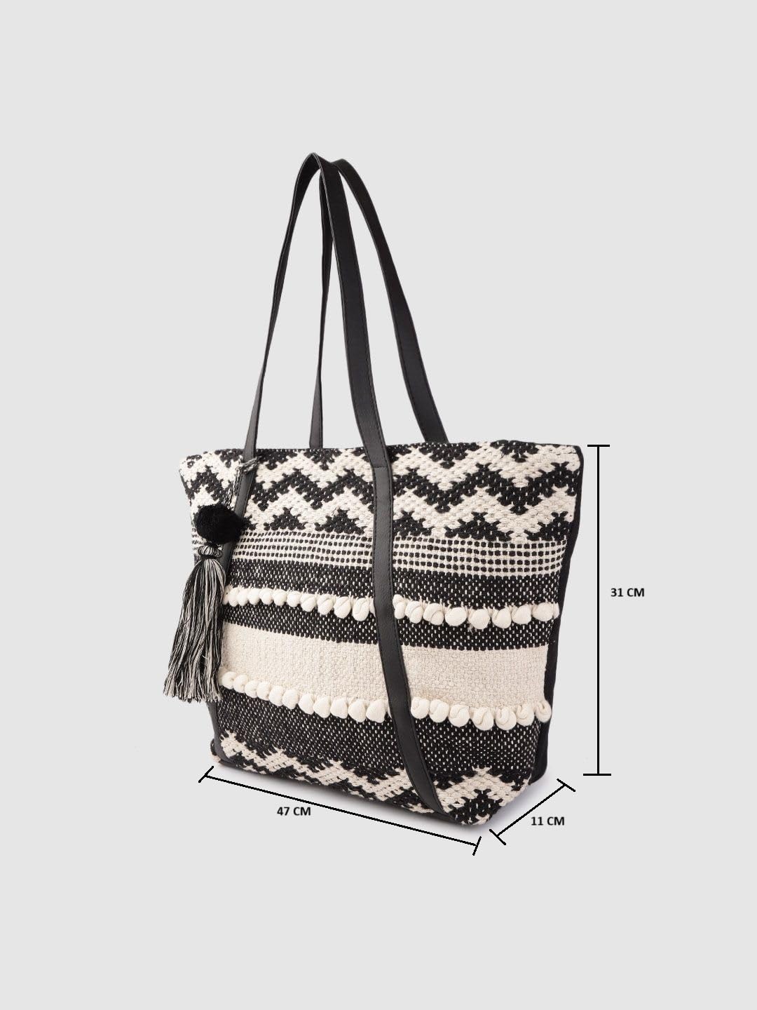 PRIMROSE Bohemian Style Tote Bag with Tassel Black and White Patterns