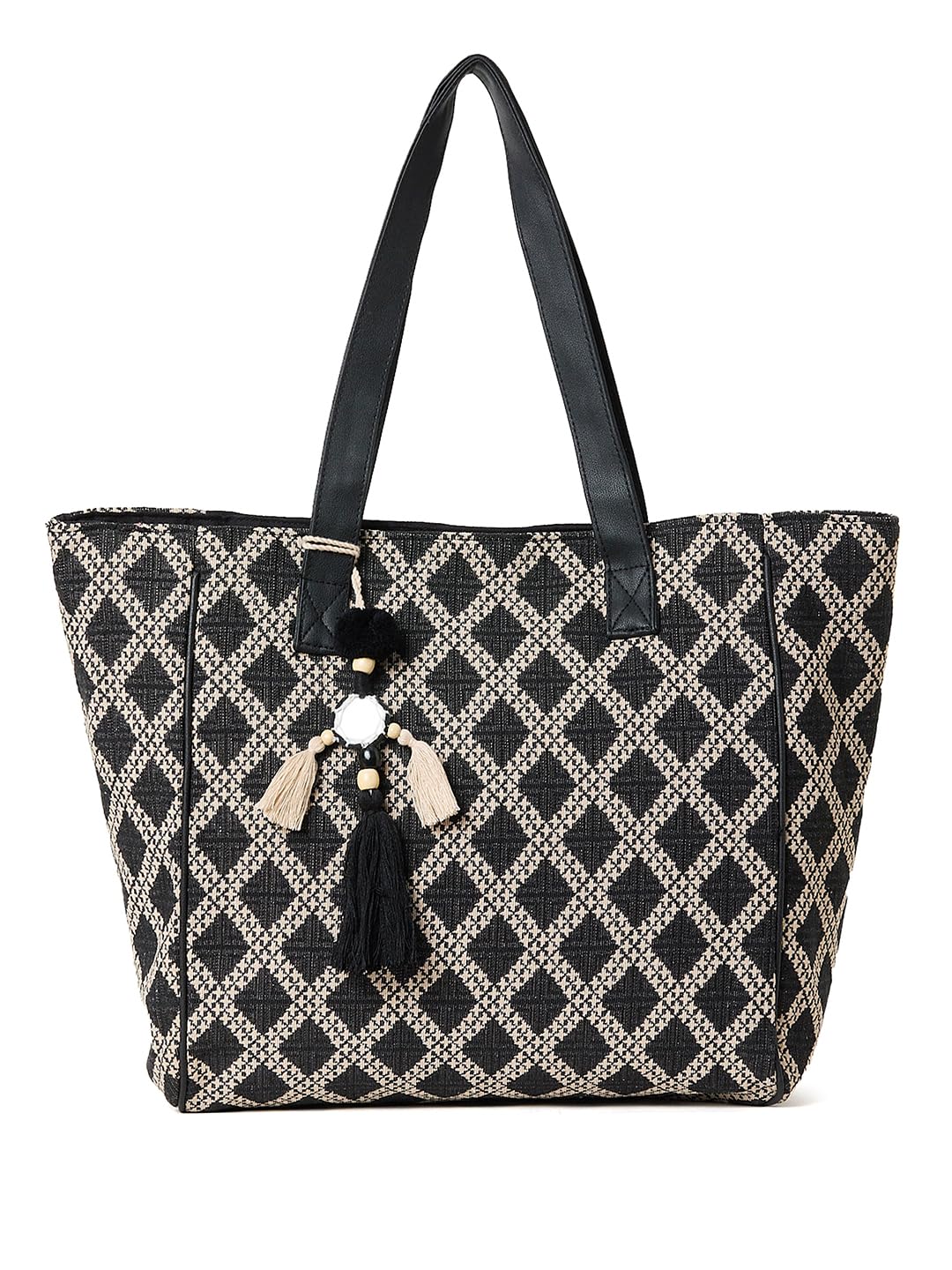 PRIMROSE Woven Tote Bag with Diamond Pattern, Black and Beige, Pvc Handles, Tassel Accent