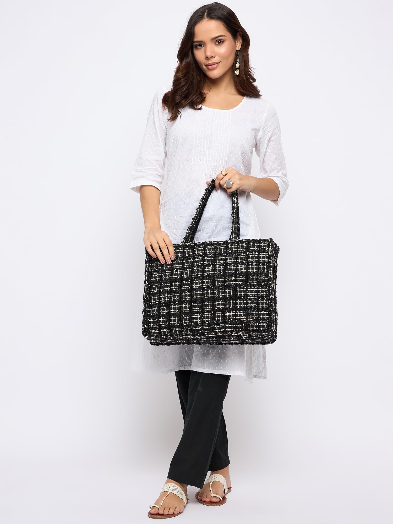 PRIMROSE Black Tweed Handbag for Women, Woven Tote with Handles