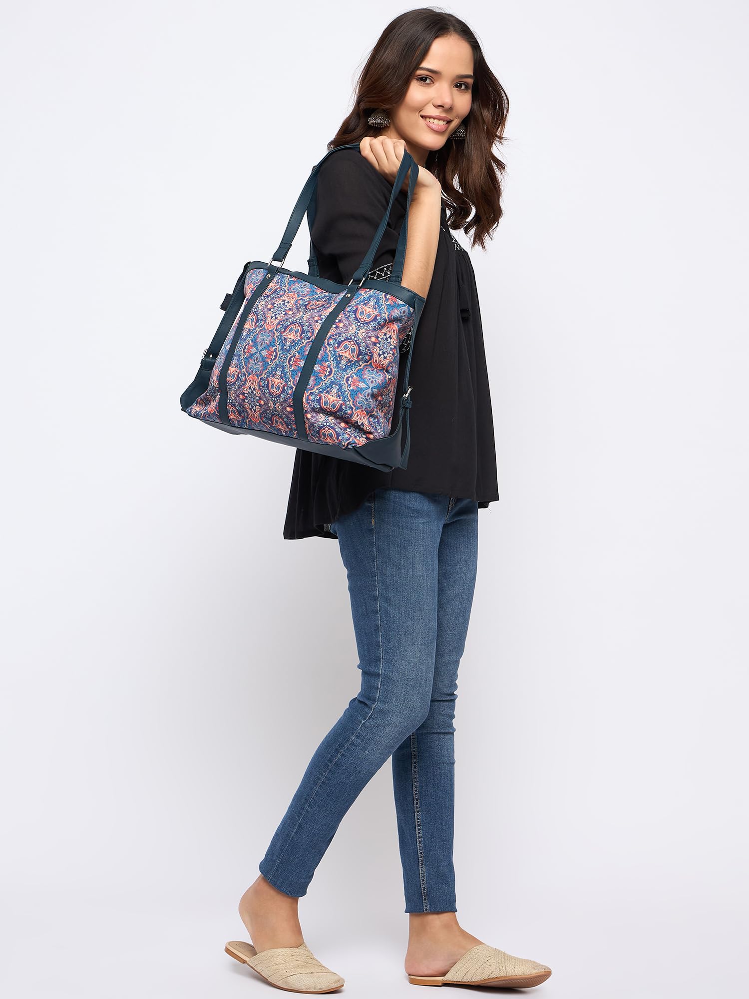 PRIMROSE Patterned Tote Bag for Women, Navy Blue with Floral Design