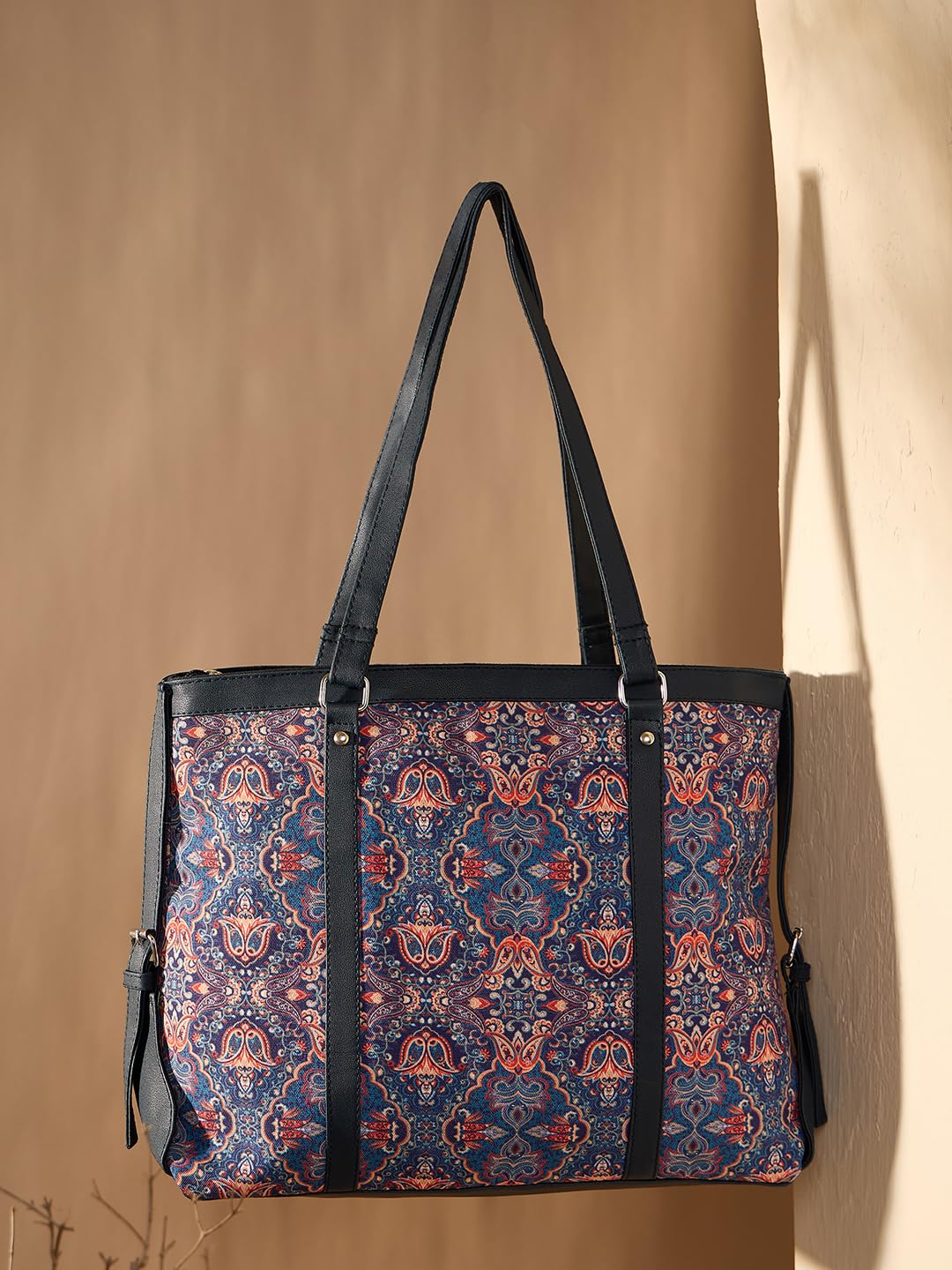 PRIMROSE Patterned Tote Bag for Women, Navy Blue with Floral Design